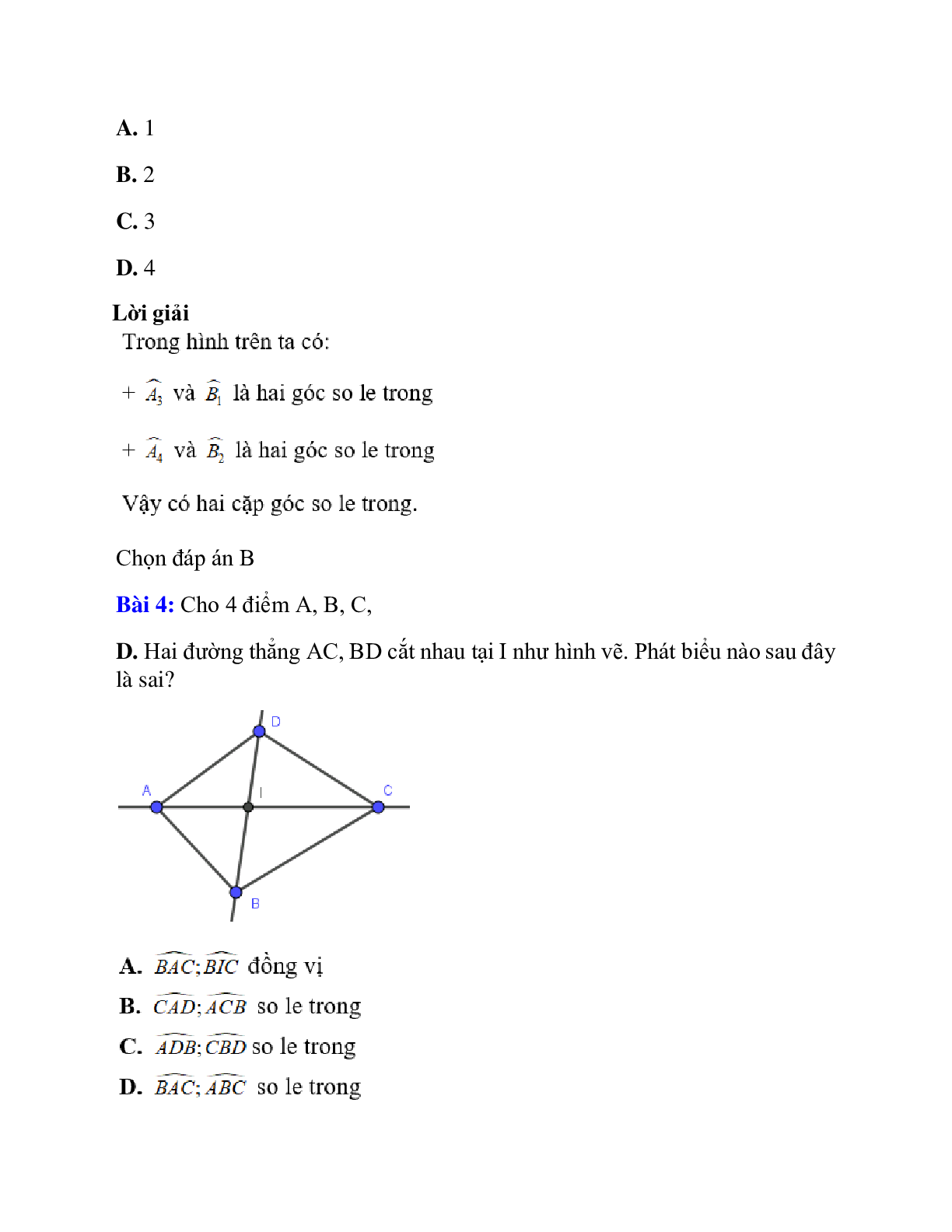 Trắc nghiệm Các góc tạo bởi một đường thẳng cắt hai đường thẳng có đáp án – Toán lớp 7 (trang 4)