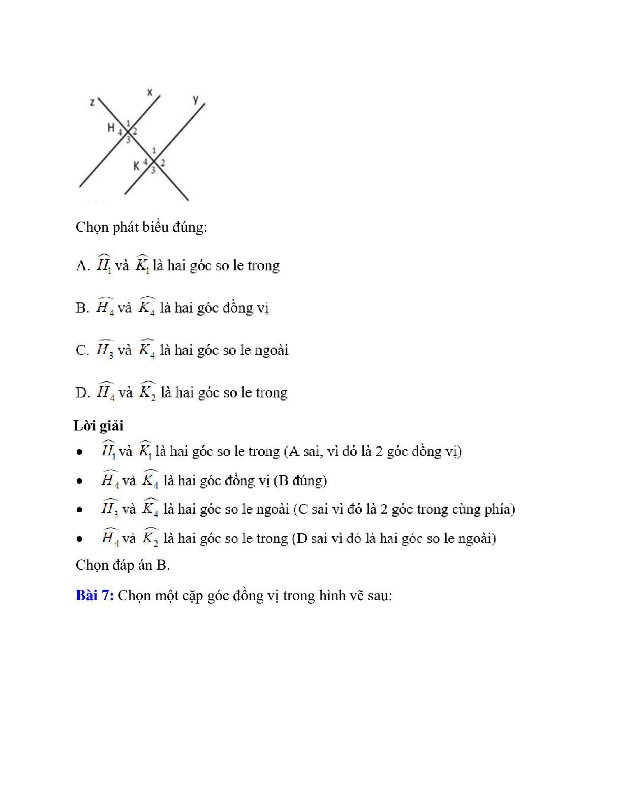 Trắc nghiệm Các góc tạo bởi một đường thẳng cắt hai đường thẳng có đáp án – Toán lớp 7 (trang 6)