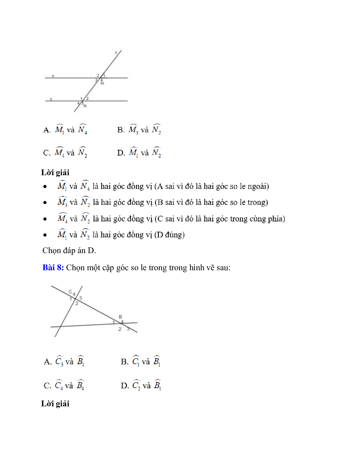 Trắc nghiệm Các góc tạo bởi một đường thẳng cắt hai đường thẳng có đáp án – Toán lớp 7 (trang 7)