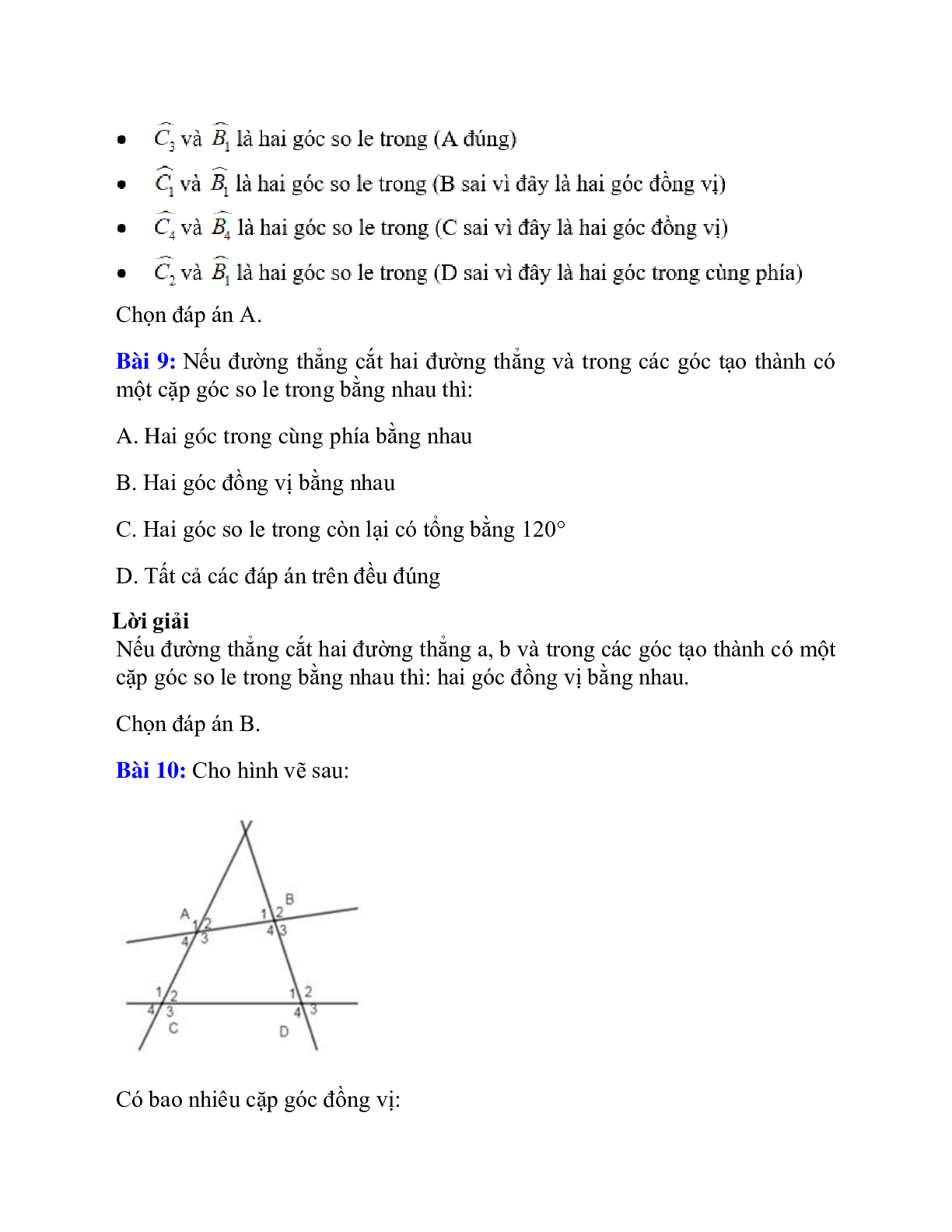 Trắc nghiệm Các góc tạo bởi một đường thẳng cắt hai đường thẳng có đáp án – Toán lớp 7 (trang 8)