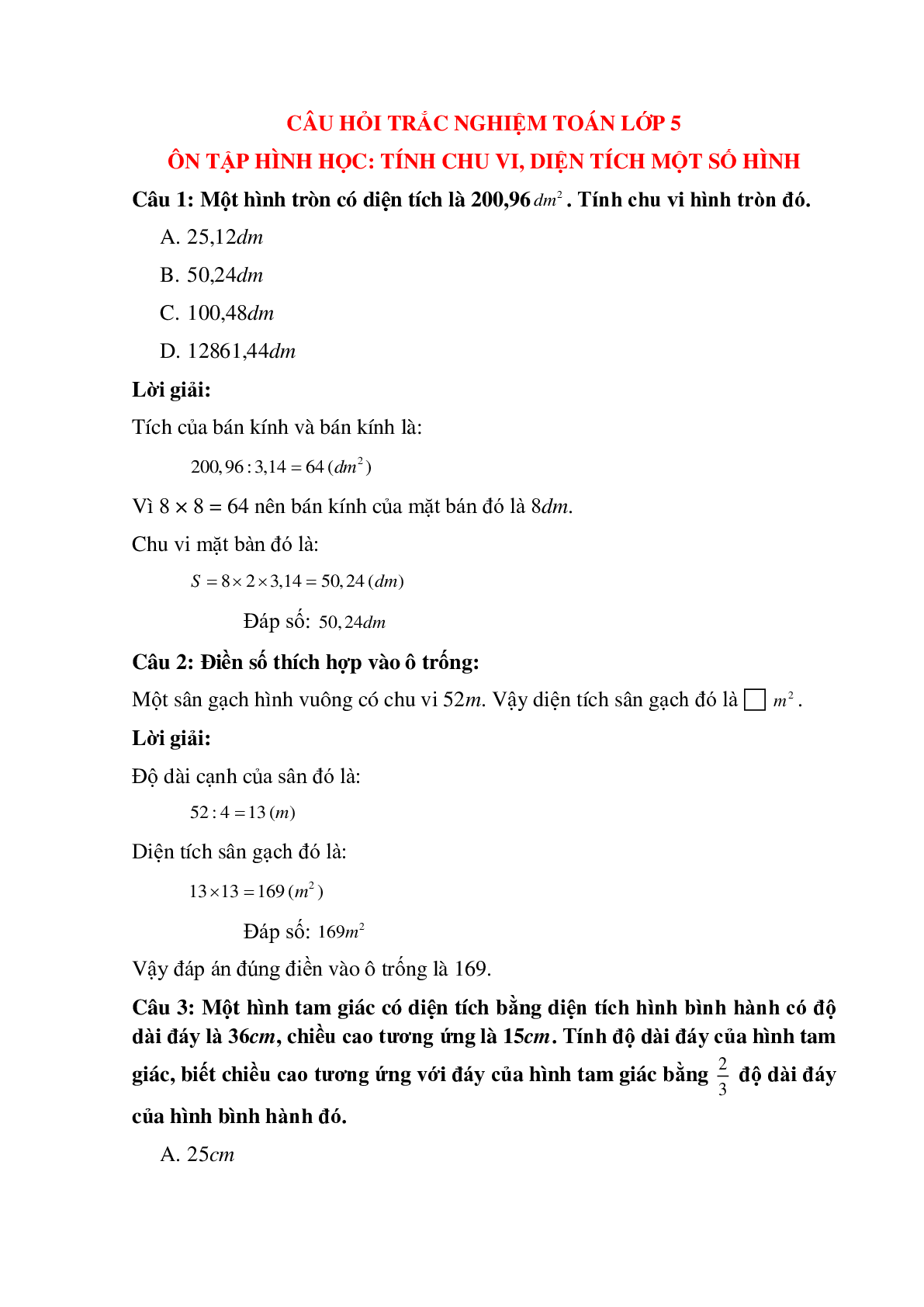 12 câu Trắc nghiệm Ôn tập tính chu vi, diện tích một số hình có đáp án 2023 – Toán lớp 5 (trang 1)