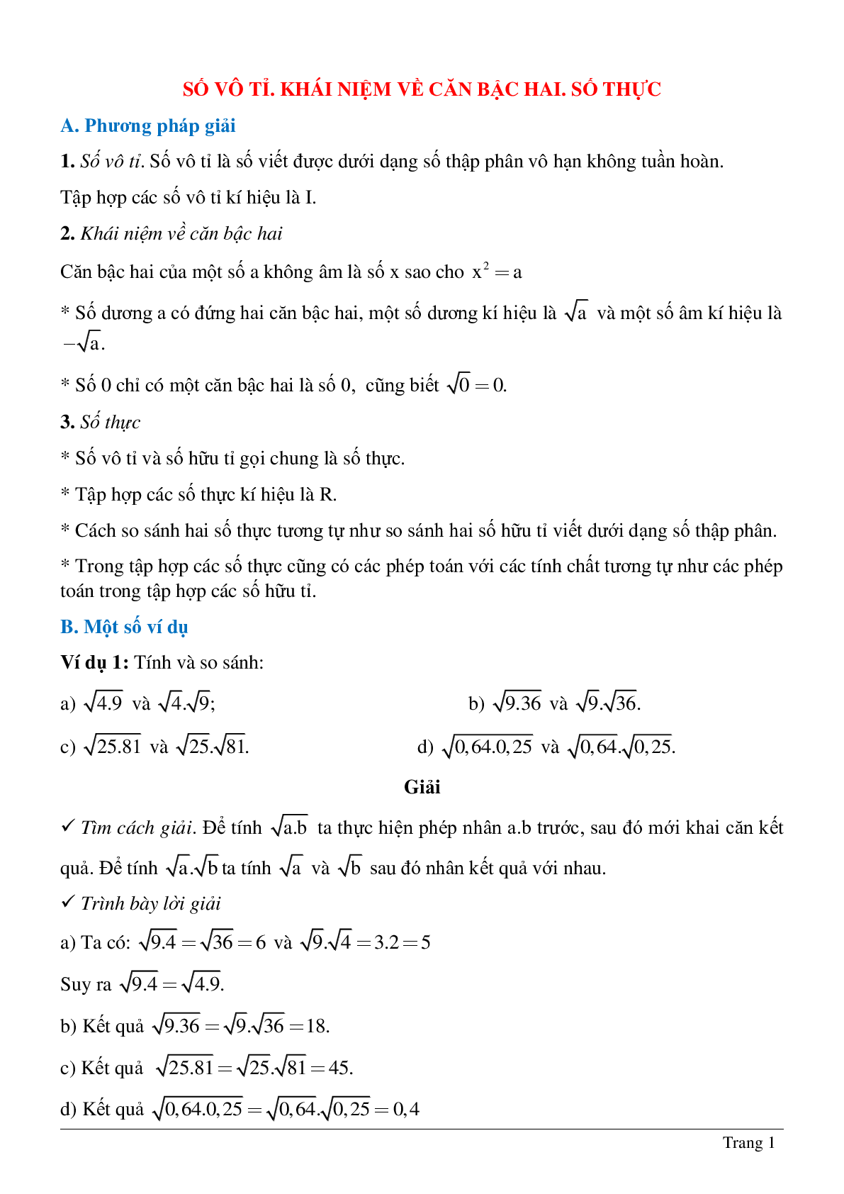 Hệ thống bài tập về Số vô tỉ - Khái niệm về căn bậc hai - Số thực có lời giải (trang 1)