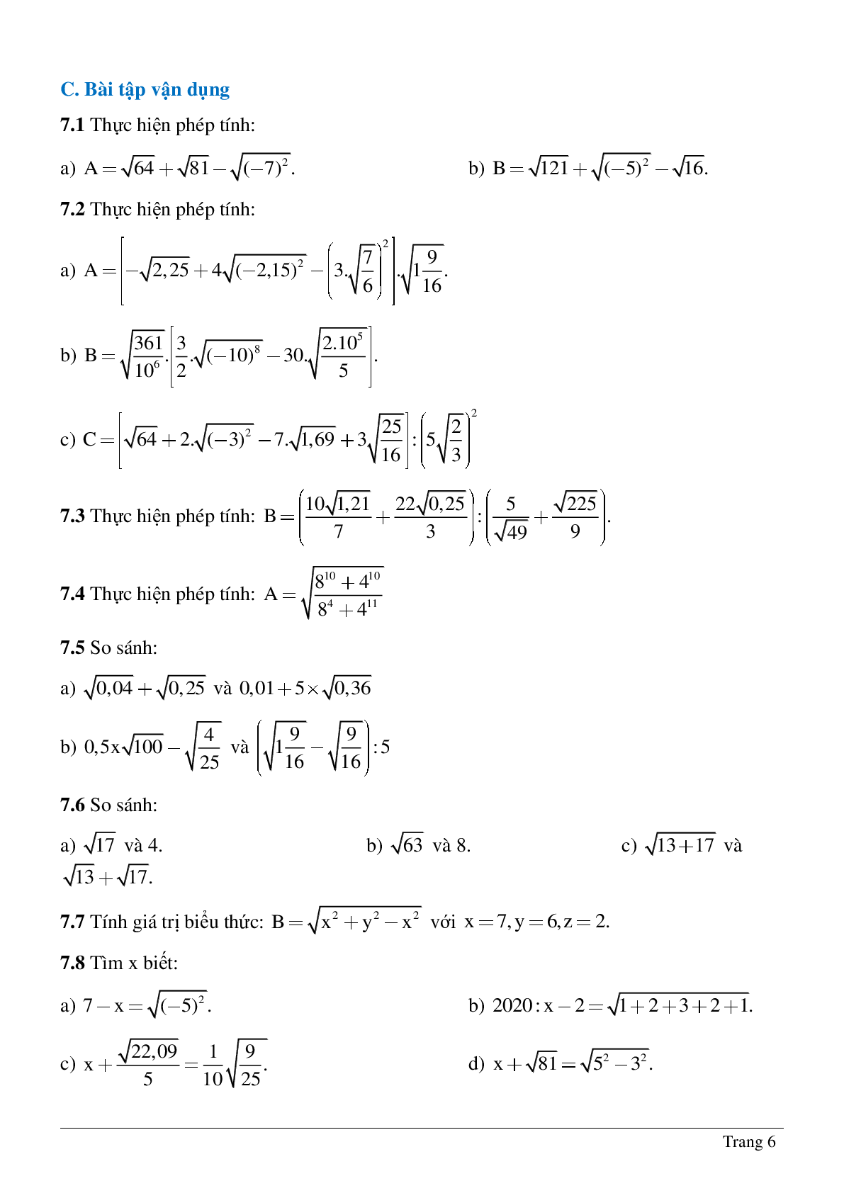 Hệ thống bài tập về Số vô tỉ - Khái niệm về căn bậc hai - Số thực có lời giải (trang 6)