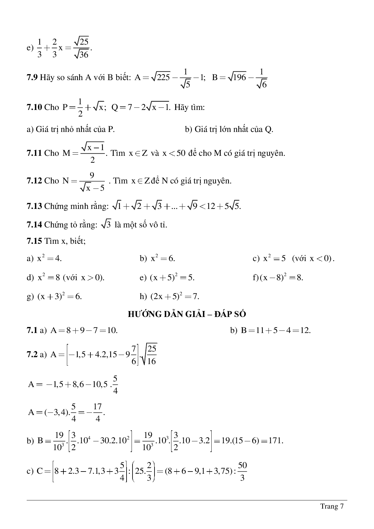 Hệ thống bài tập về Số vô tỉ - Khái niệm về căn bậc hai - Số thực có lời giải (trang 7)