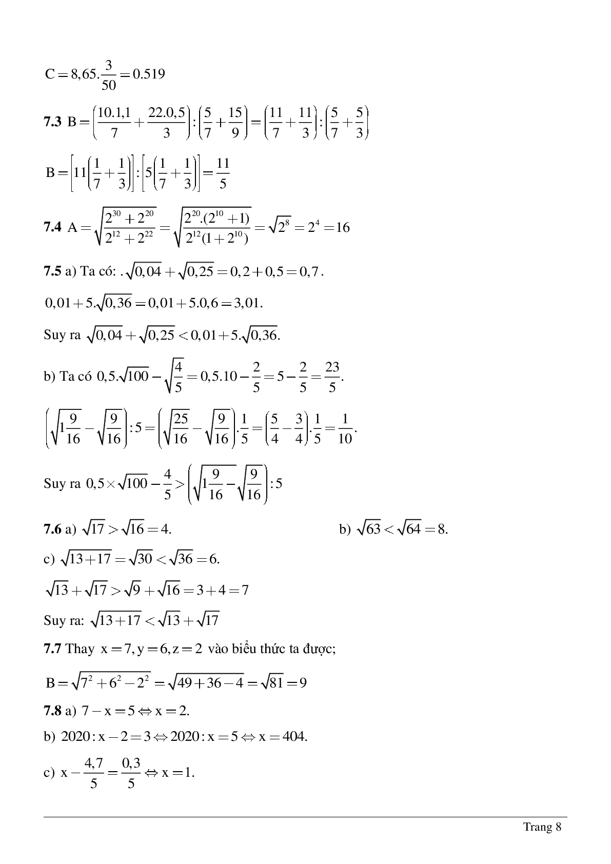 Hệ thống bài tập về Số vô tỉ - Khái niệm về căn bậc hai - Số thực có lời giải (trang 8)