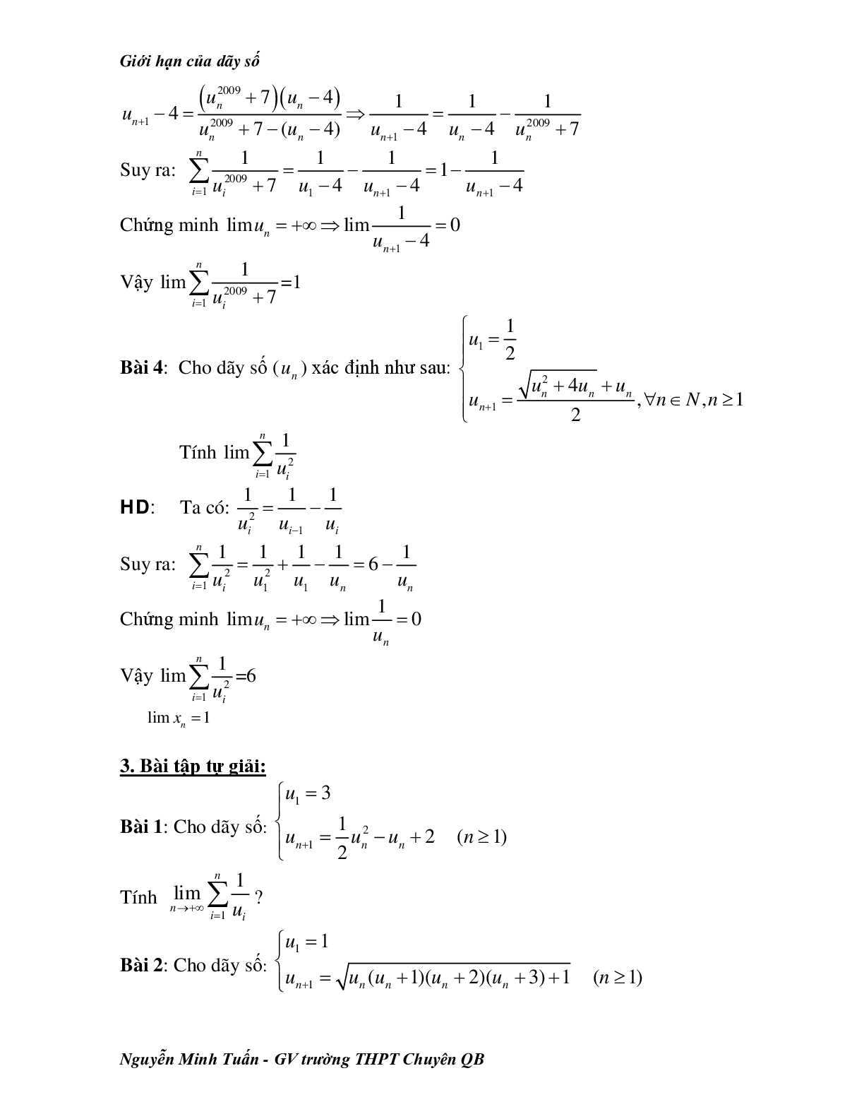 Bài tập nâng cao giới hạn của dãy số (trang 10)