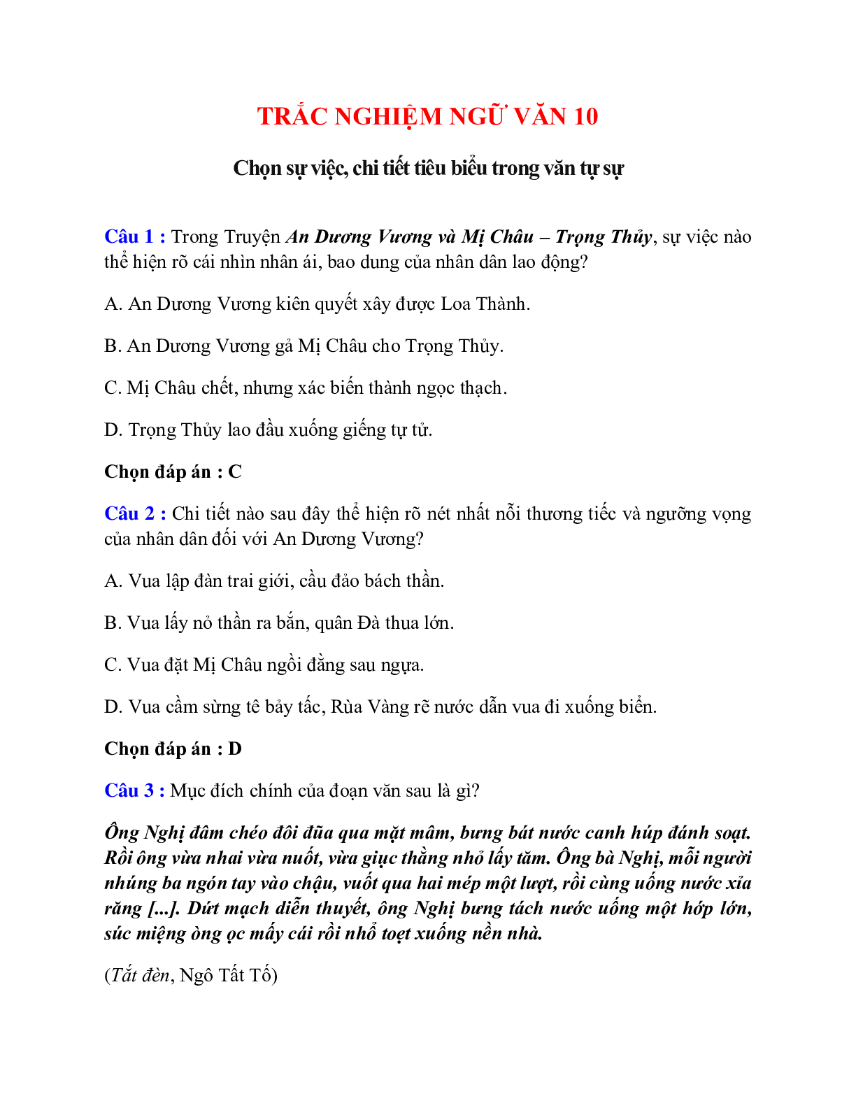 Trắc nghiệm Chọn sự việc, chi tiết tiêu biểu trong văn tự sự có đáp án – Ngữ văn lớp 10 (trang 1)