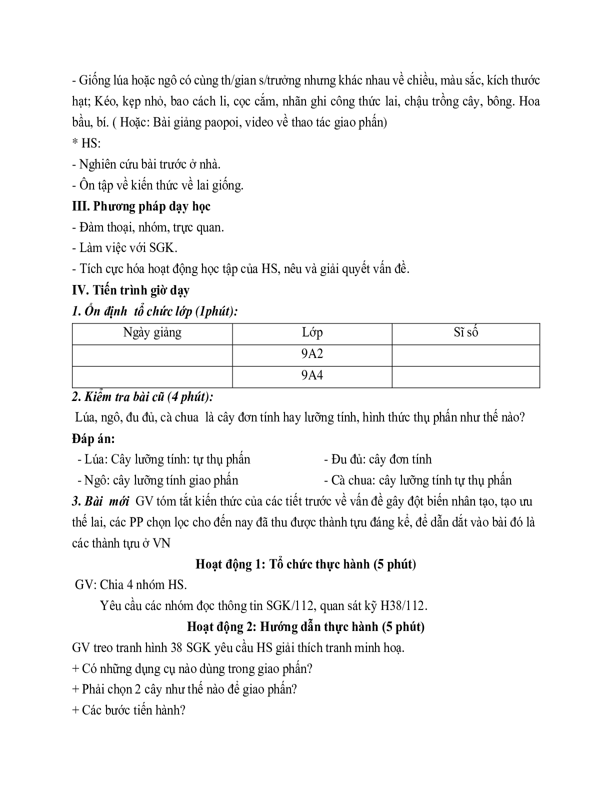 Giáo án Sinh học 9 Bài 38: Thực hành Tập dượt thao tác giao phấn mới nhất (trang 2)