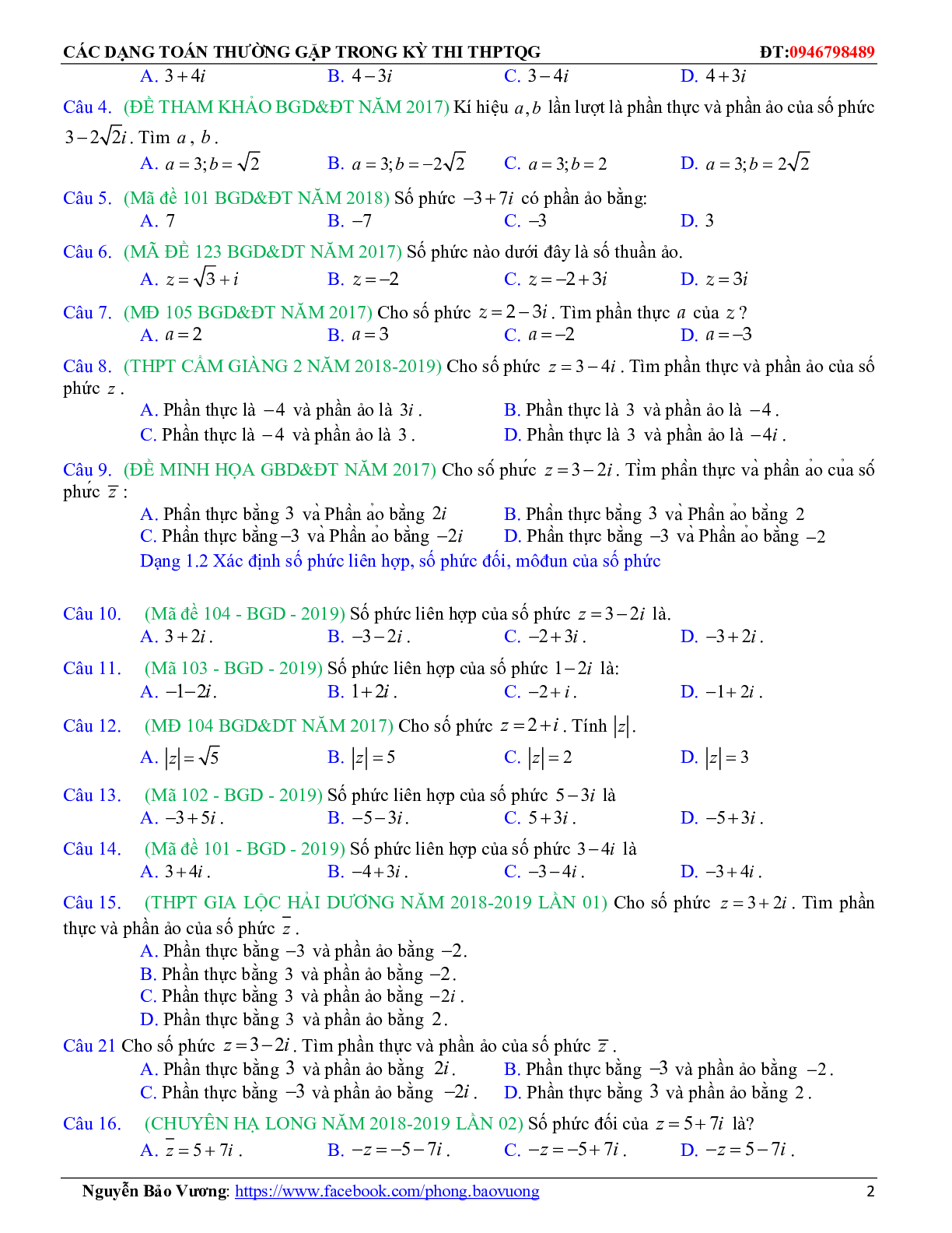 Các dạng toán về số phức thường gặp trong kỳ thi THPTQG (trang 2)