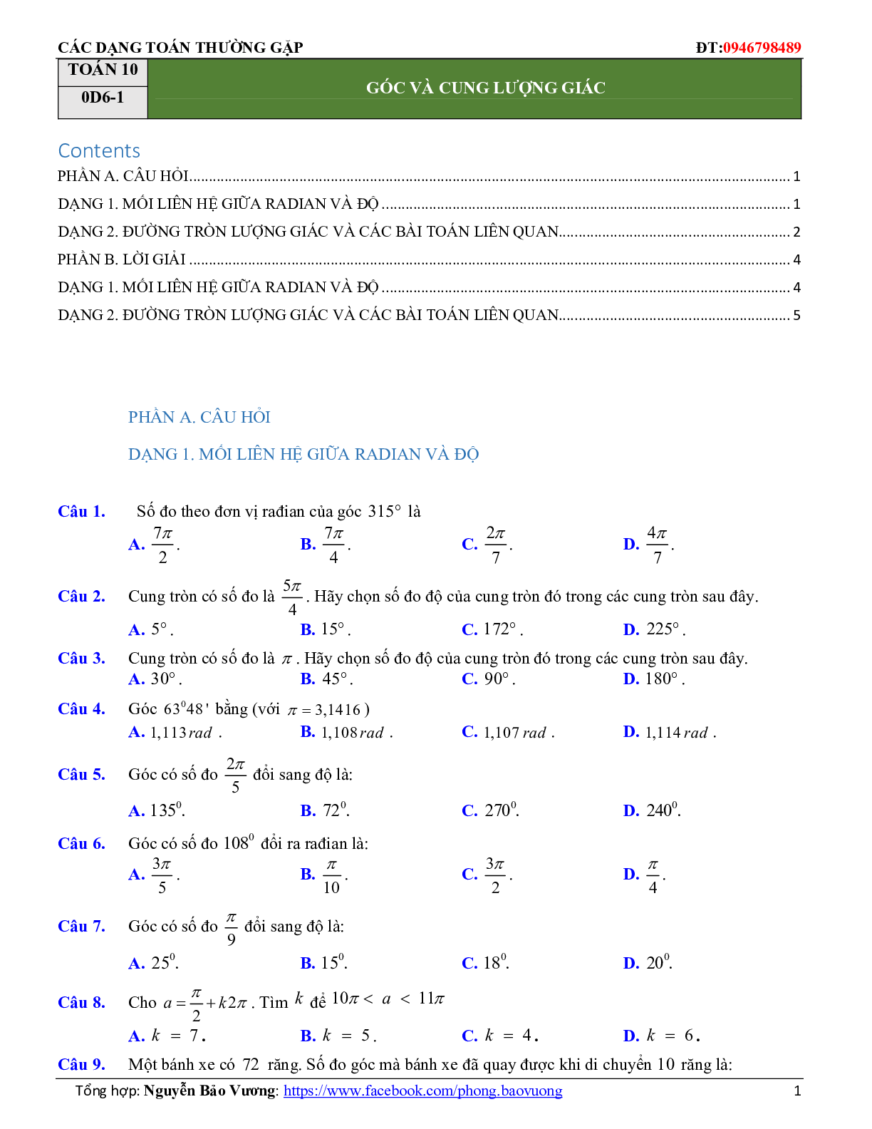 Các dạng toán trắc nghiệm góc lượng giác và công thức lượng giác (trang 1)
