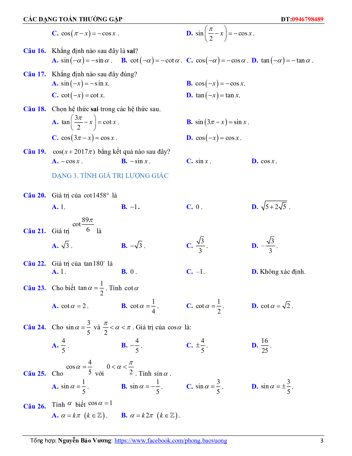 Các dạng toán trắc nghiệm góc lượng giác và công thức lượng giác (trang 10)