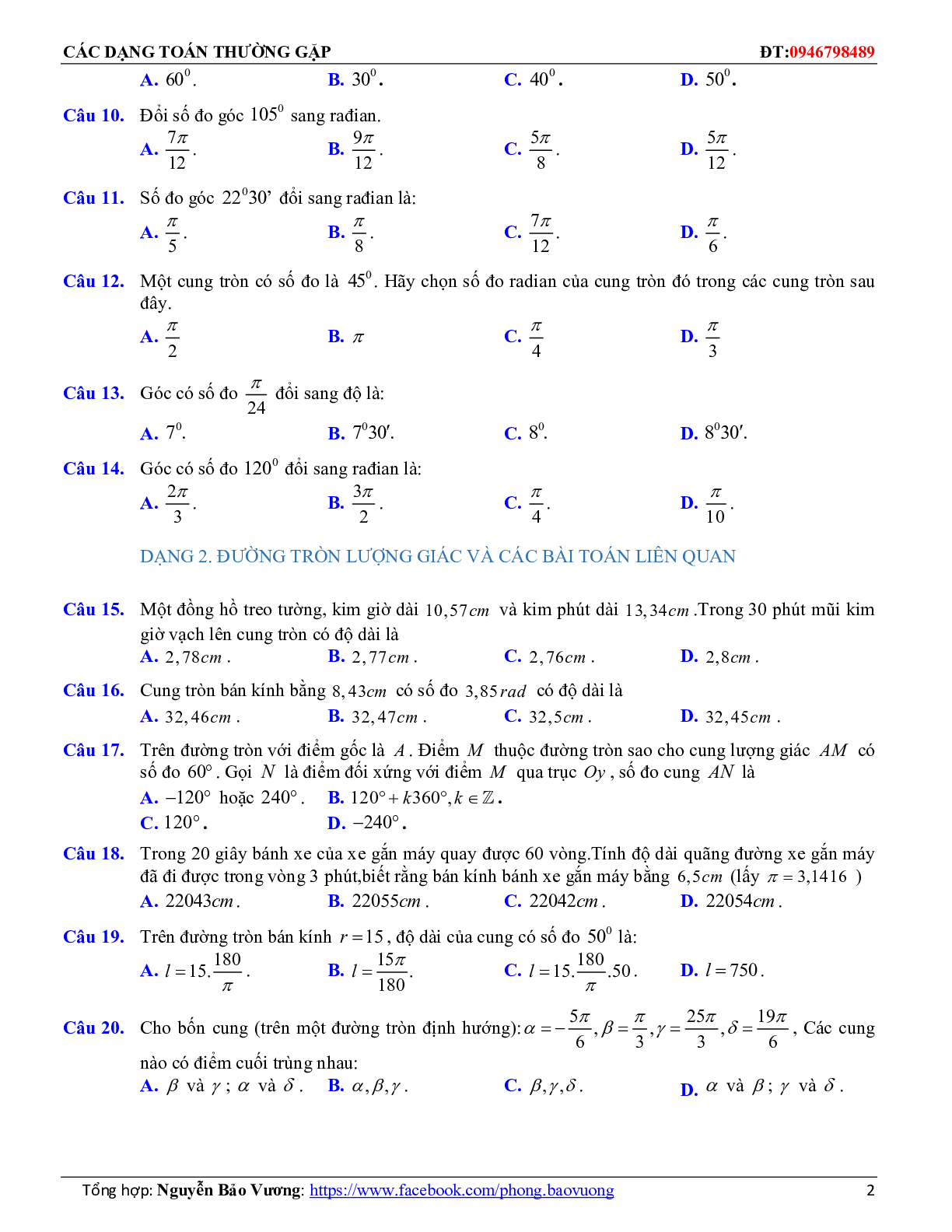 Các dạng toán trắc nghiệm góc lượng giác và công thức lượng giác (trang 2)