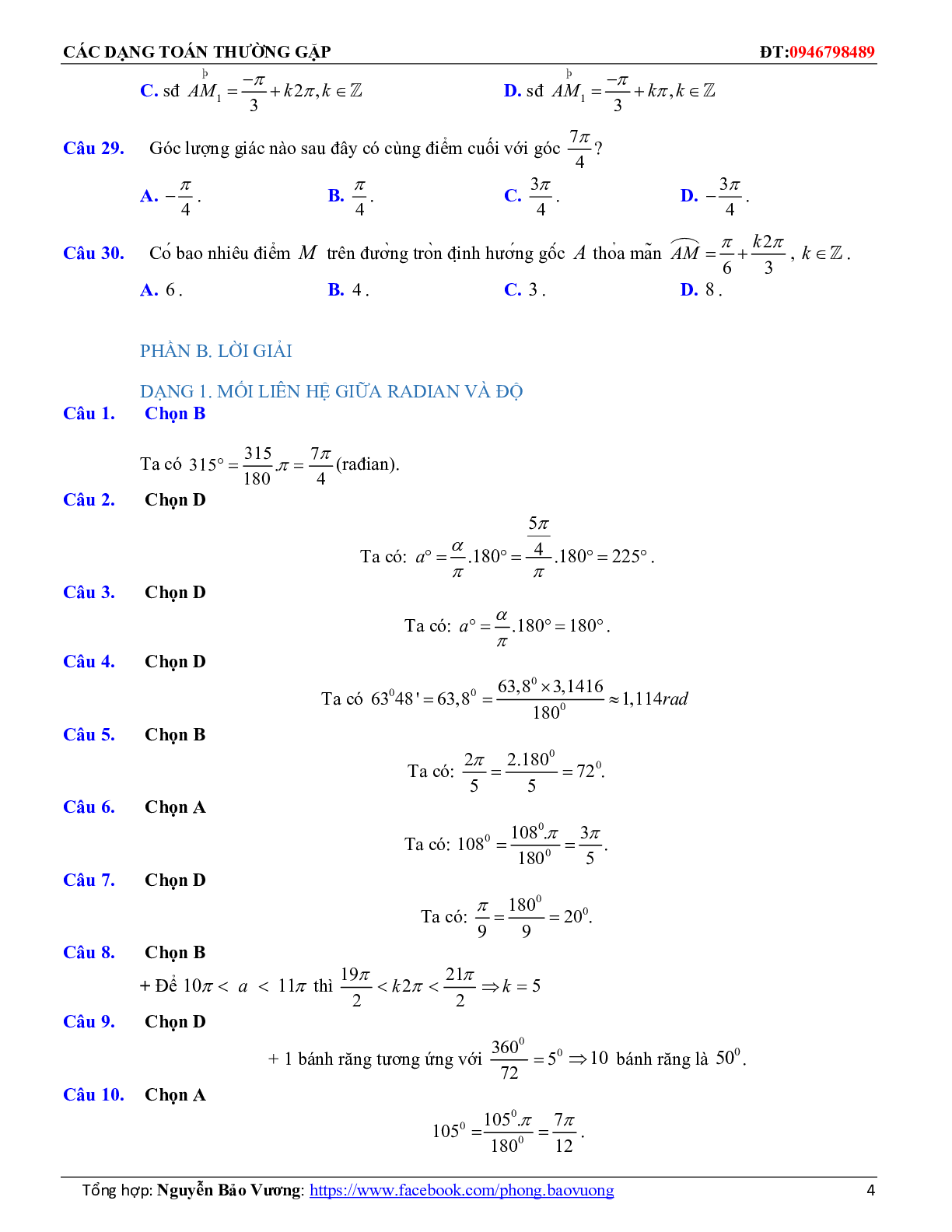 Các dạng toán trắc nghiệm góc lượng giác và công thức lượng giác (trang 4)
