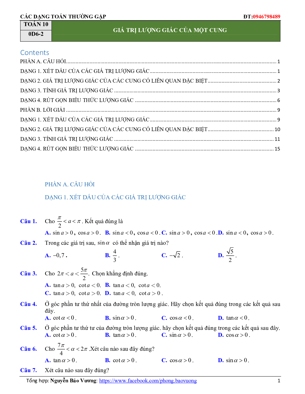 Các dạng toán trắc nghiệm góc lượng giác và công thức lượng giác (trang 8)