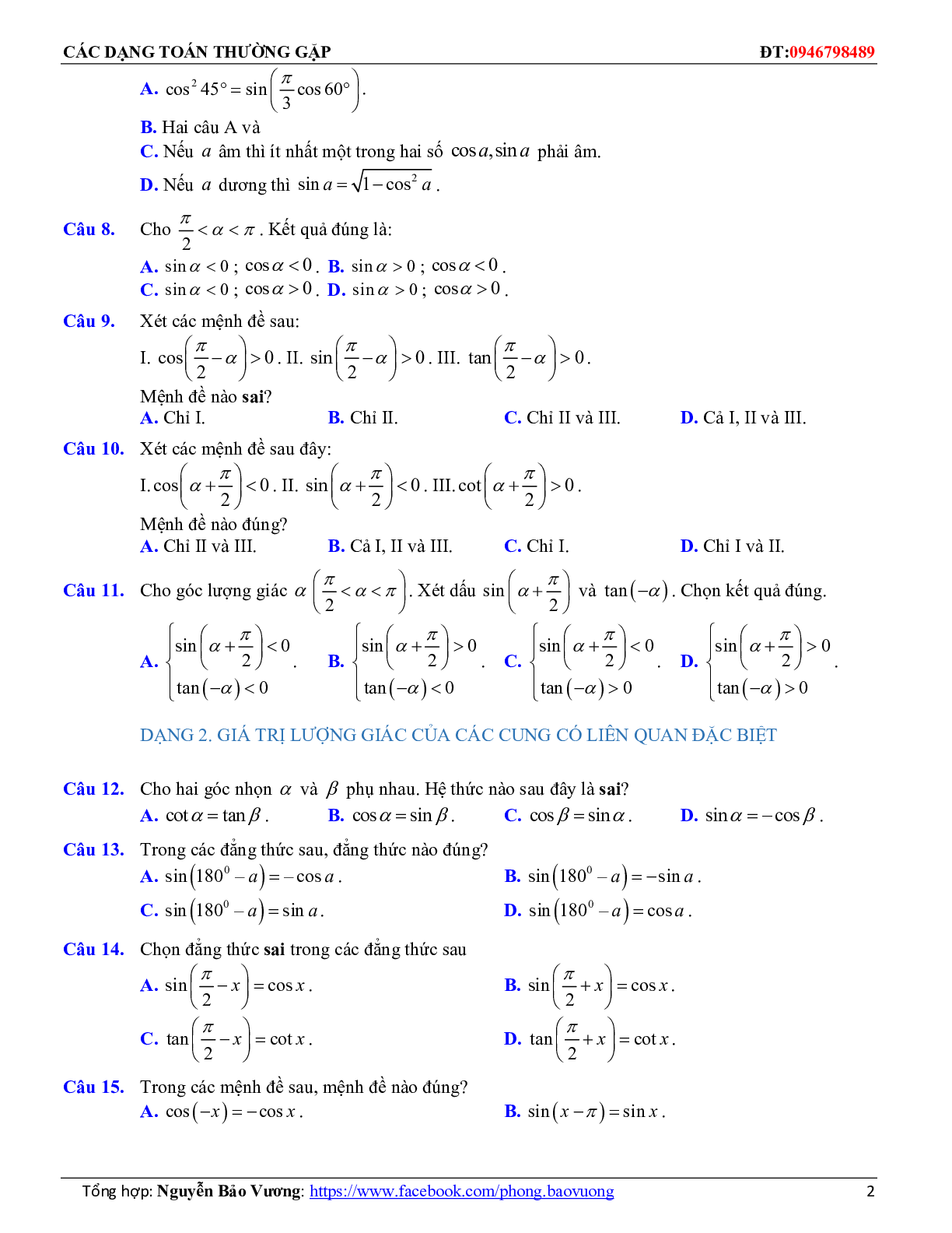 Các dạng toán trắc nghiệm góc lượng giác và công thức lượng giác (trang 9)