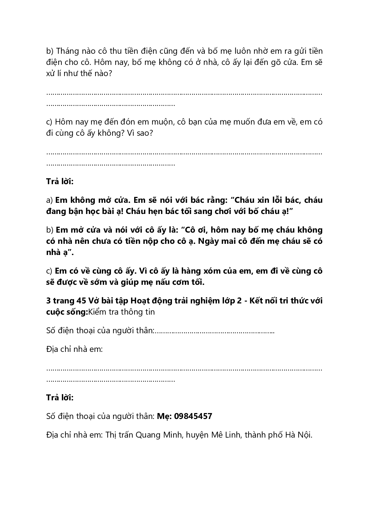 Vở bài tập Hoạt động trải nghiệm lớp 2 trang 45 Bài 24: Phòng tránh bị bắt cóc – Kết nối tri thức (trang 2)
