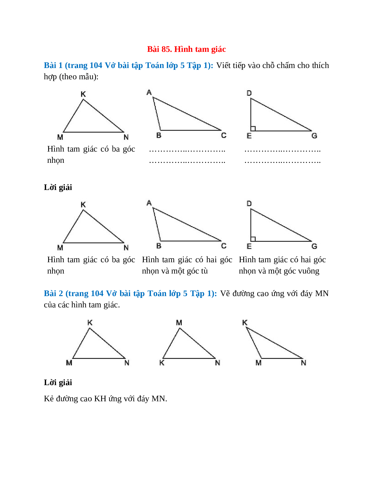 Vở bài tập Toán lớp 5 Tập 1 trang 104 Bài 85: Hình tam giác (trang 1)