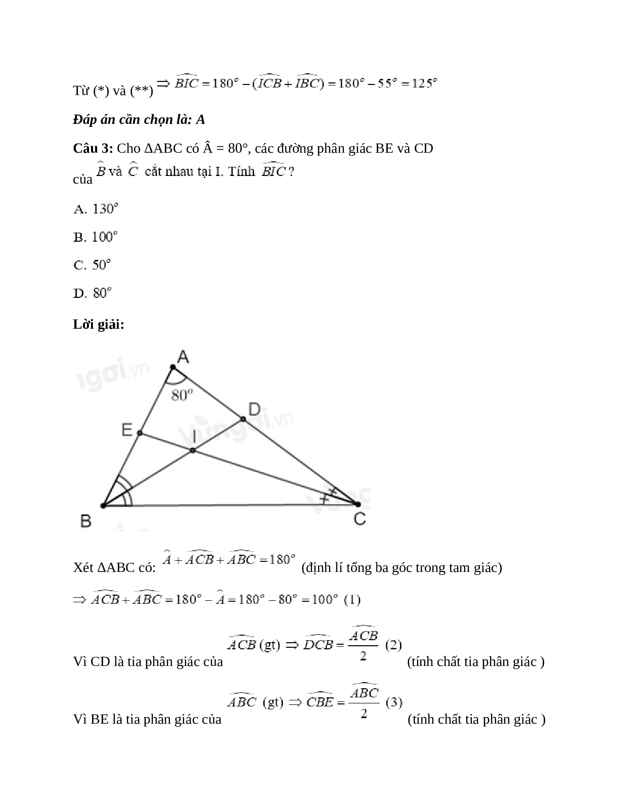 Trắc nghiệm Tính chất ba đường phân giác của tam giác có đáp án – Toán lớp 7 (trang 3)