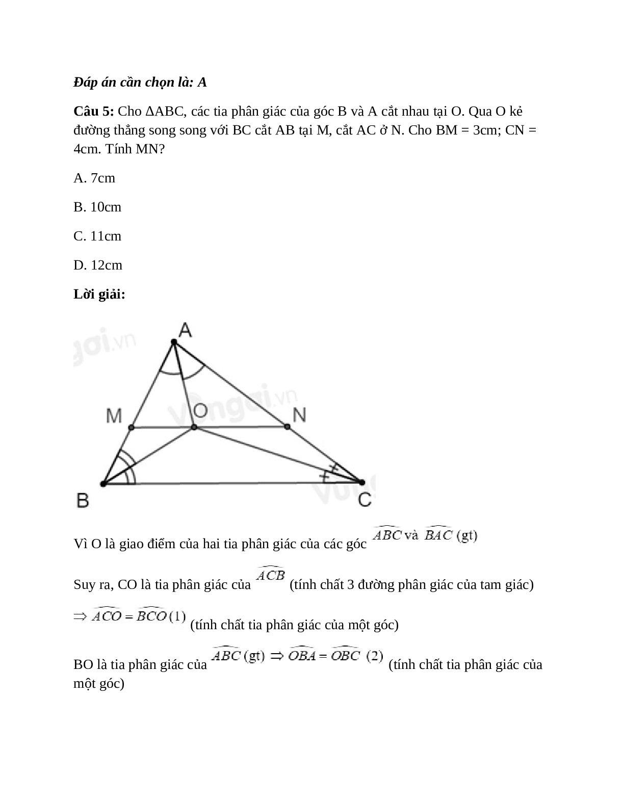 Trắc nghiệm Tính chất ba đường phân giác của tam giác có đáp án – Toán lớp 7 (trang 6)