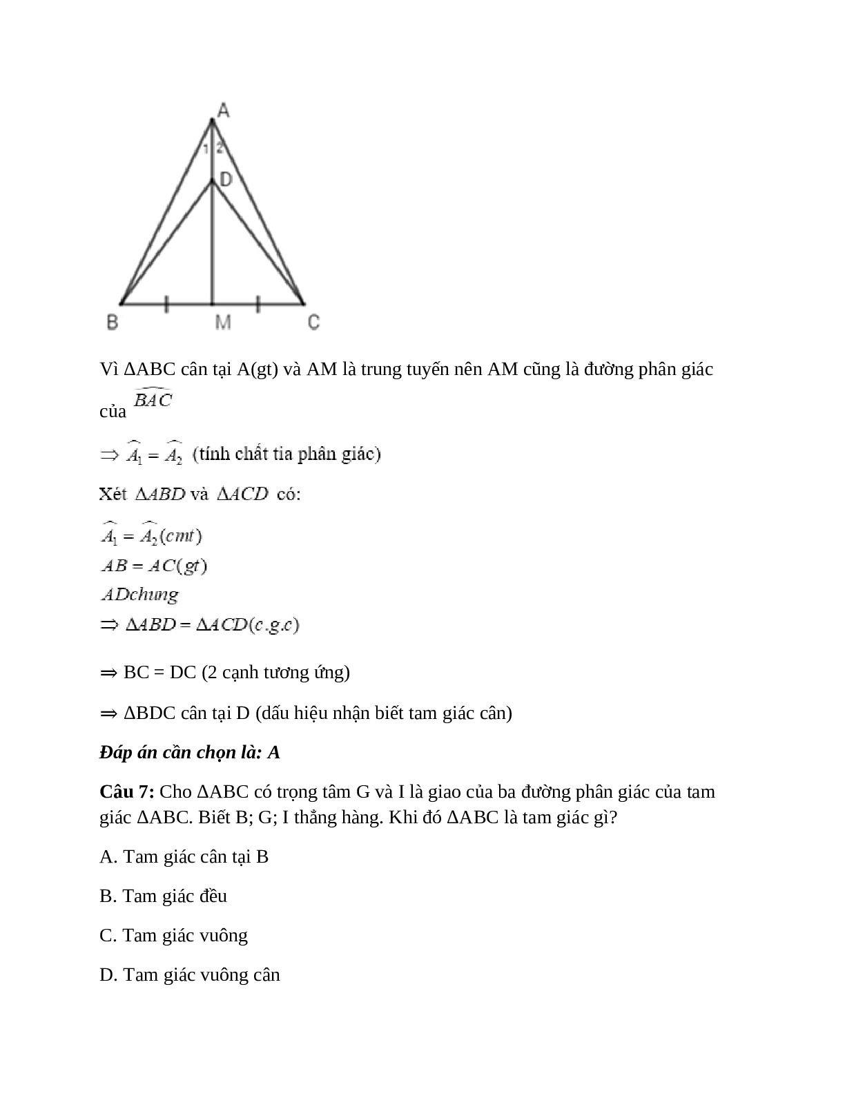 Trắc nghiệm Tính chất ba đường phân giác của tam giác có đáp án – Toán lớp 7 (trang 8)