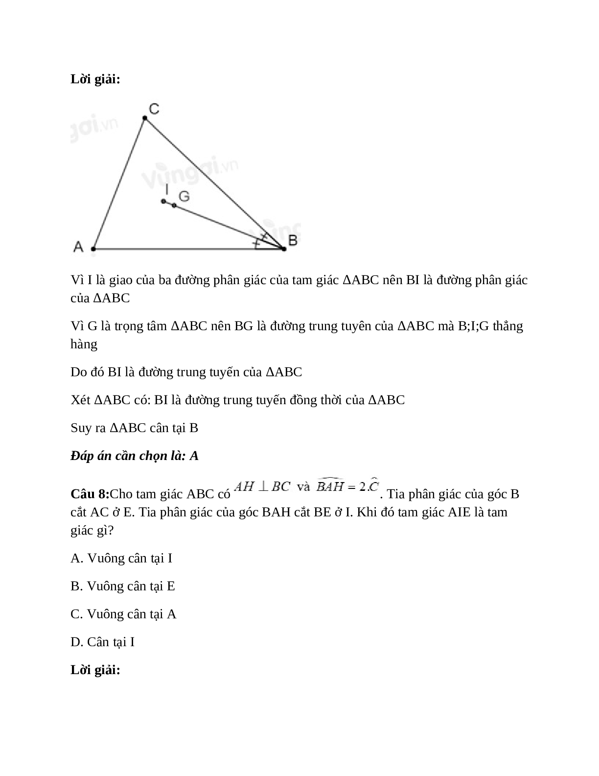 Trắc nghiệm Tính chất ba đường phân giác của tam giác có đáp án – Toán lớp 7 (trang 9)