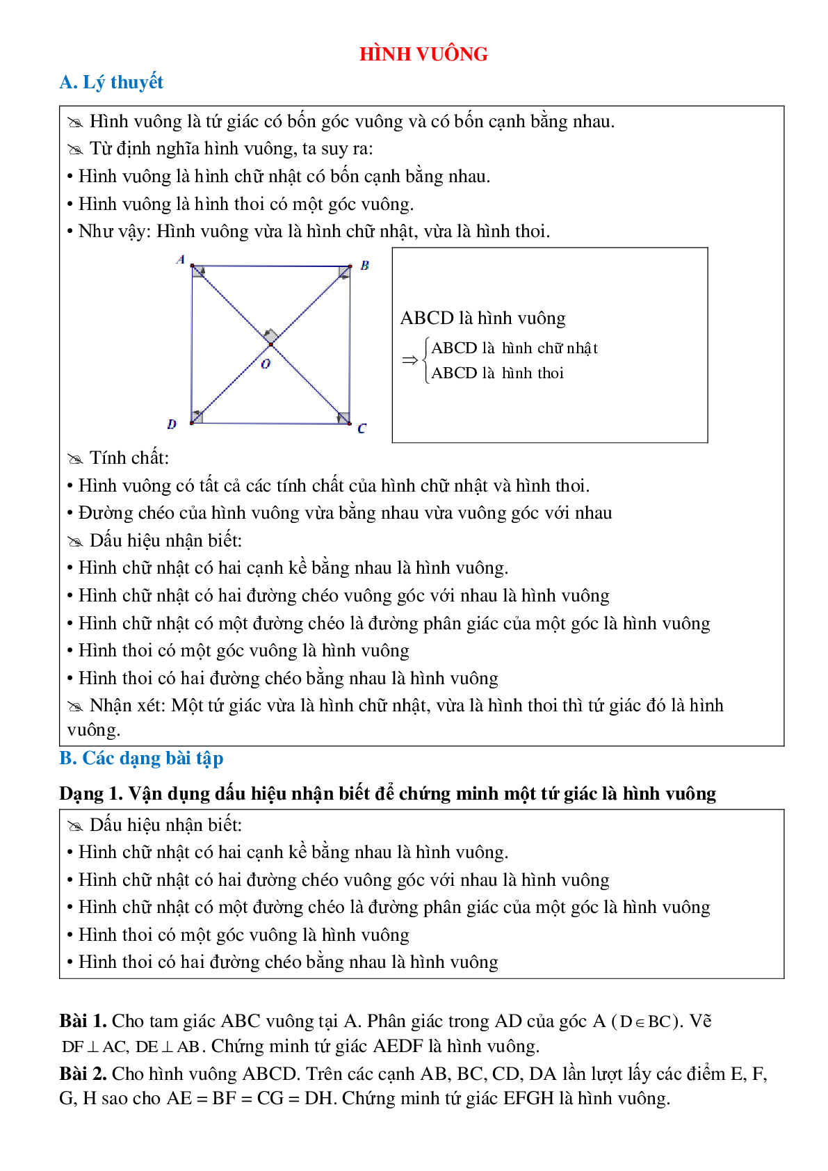 Tuyển tập các bài tập về Hình vuông toán lớp 8 chọc lọc (trang 1)