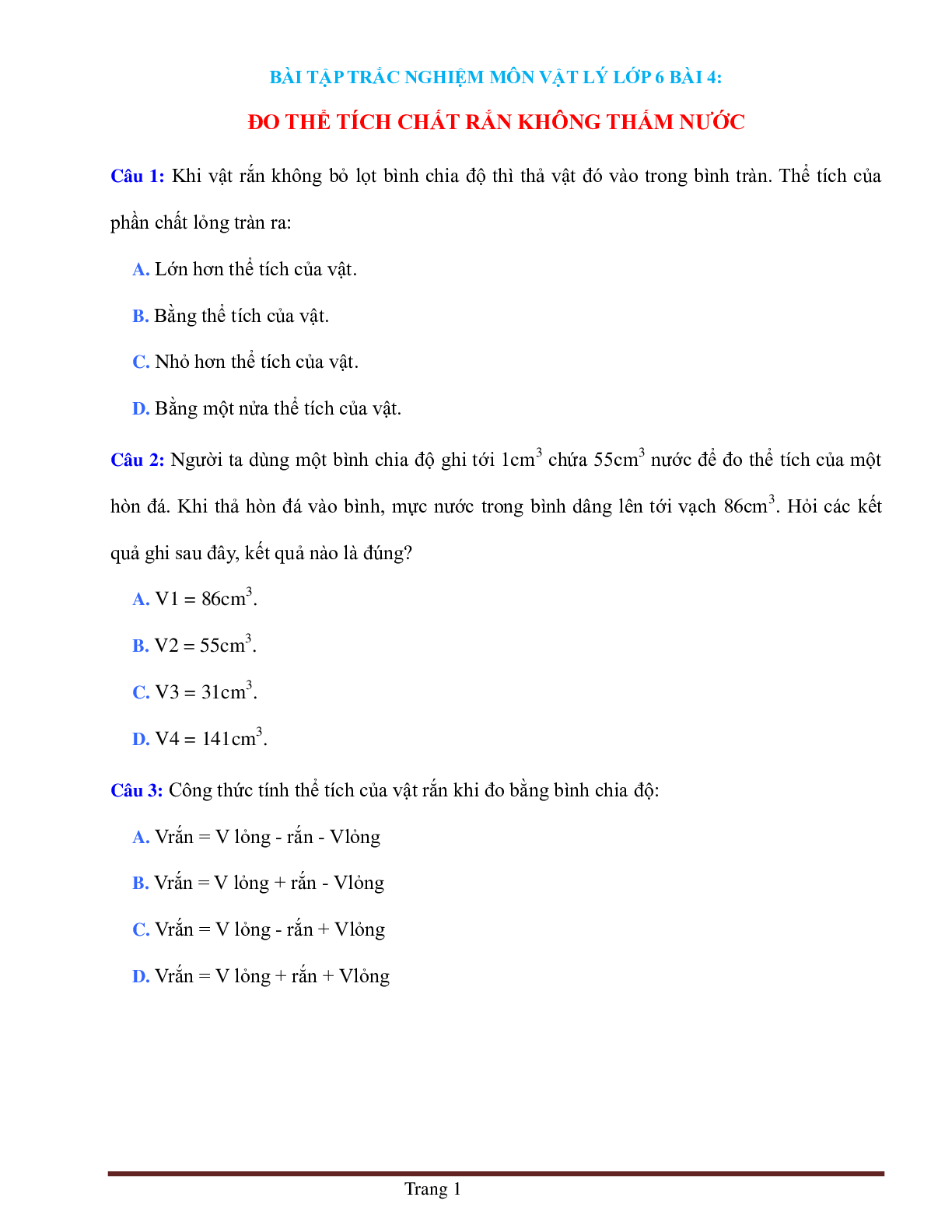 BÀI TẬP TRẮC NGHIỆM MÔN VẬT LÝ LỚP 6 BÀI 4: ĐO THỂ TÍCH CHẤT RẮN KHÔNG THẤM NƯỚC (trang 1)