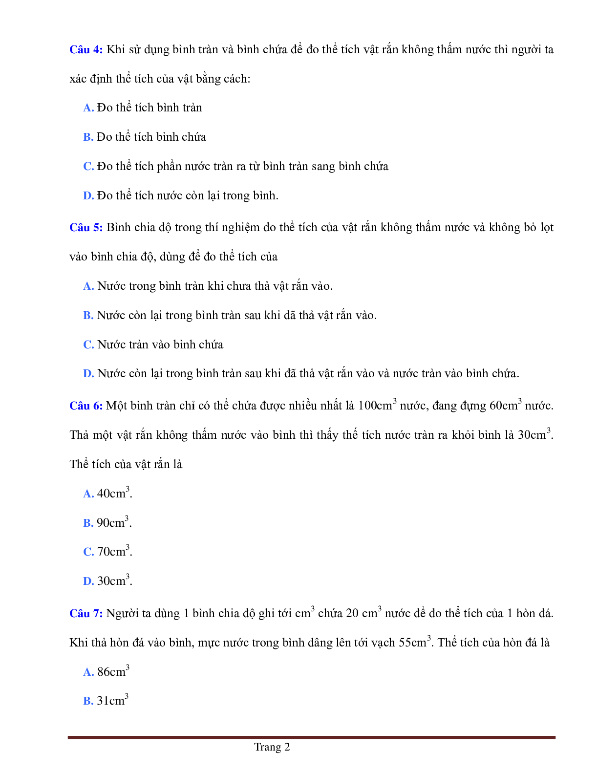BÀI TẬP TRẮC NGHIỆM MÔN VẬT LÝ LỚP 6 BÀI 4: ĐO THỂ TÍCH CHẤT RẮN KHÔNG THẤM NƯỚC (trang 2)