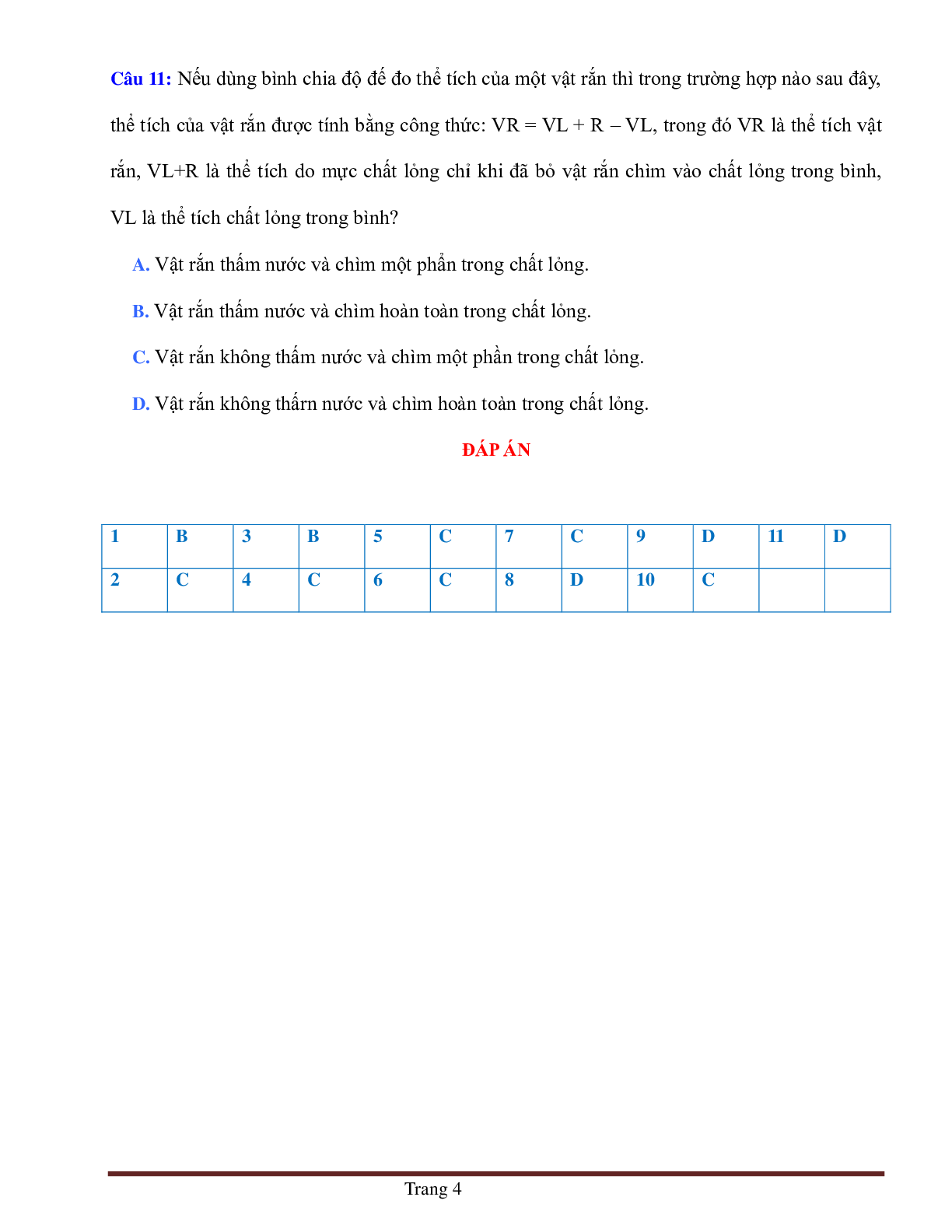 BÀI TẬP TRẮC NGHIỆM MÔN VẬT LÝ LỚP 6 BÀI 4: ĐO THỂ TÍCH CHẤT RẮN KHÔNG THẤM NƯỚC (trang 4)