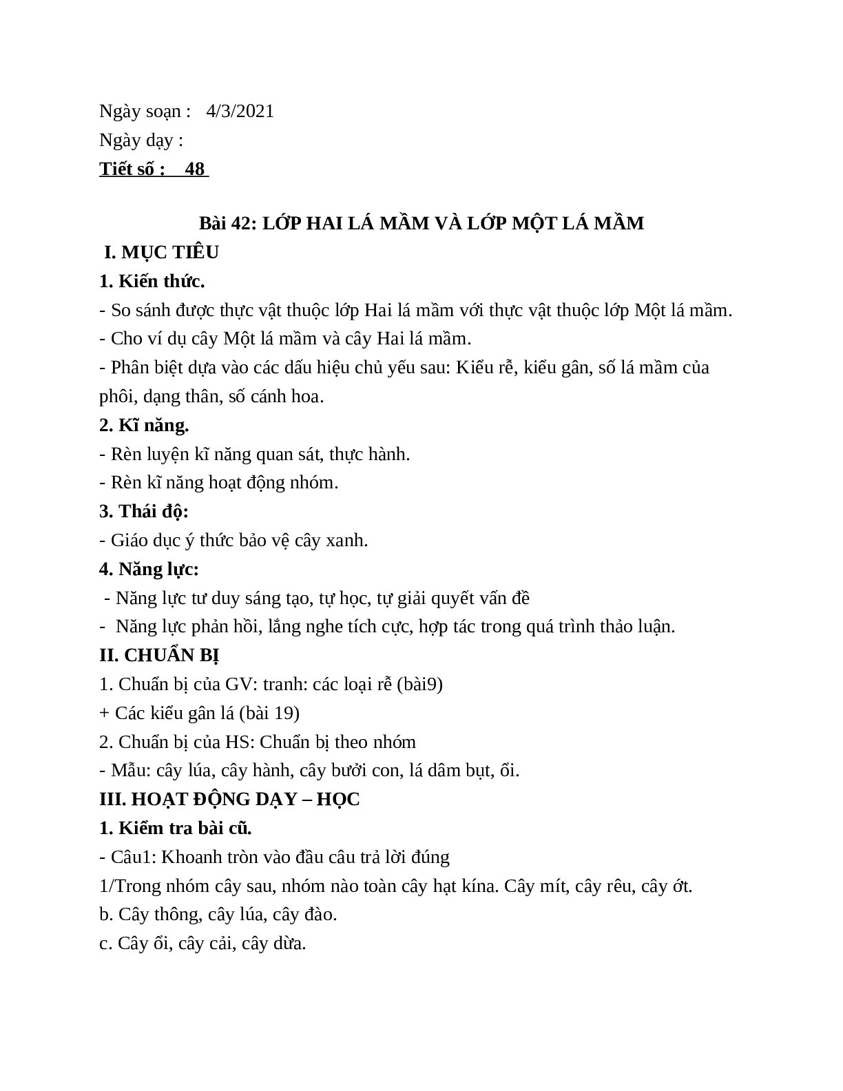 Giáo án Sinh học 6 Bài 42: Lớp Hai lá mầm và lớp Một lá mầm mới nhất (trang 1)