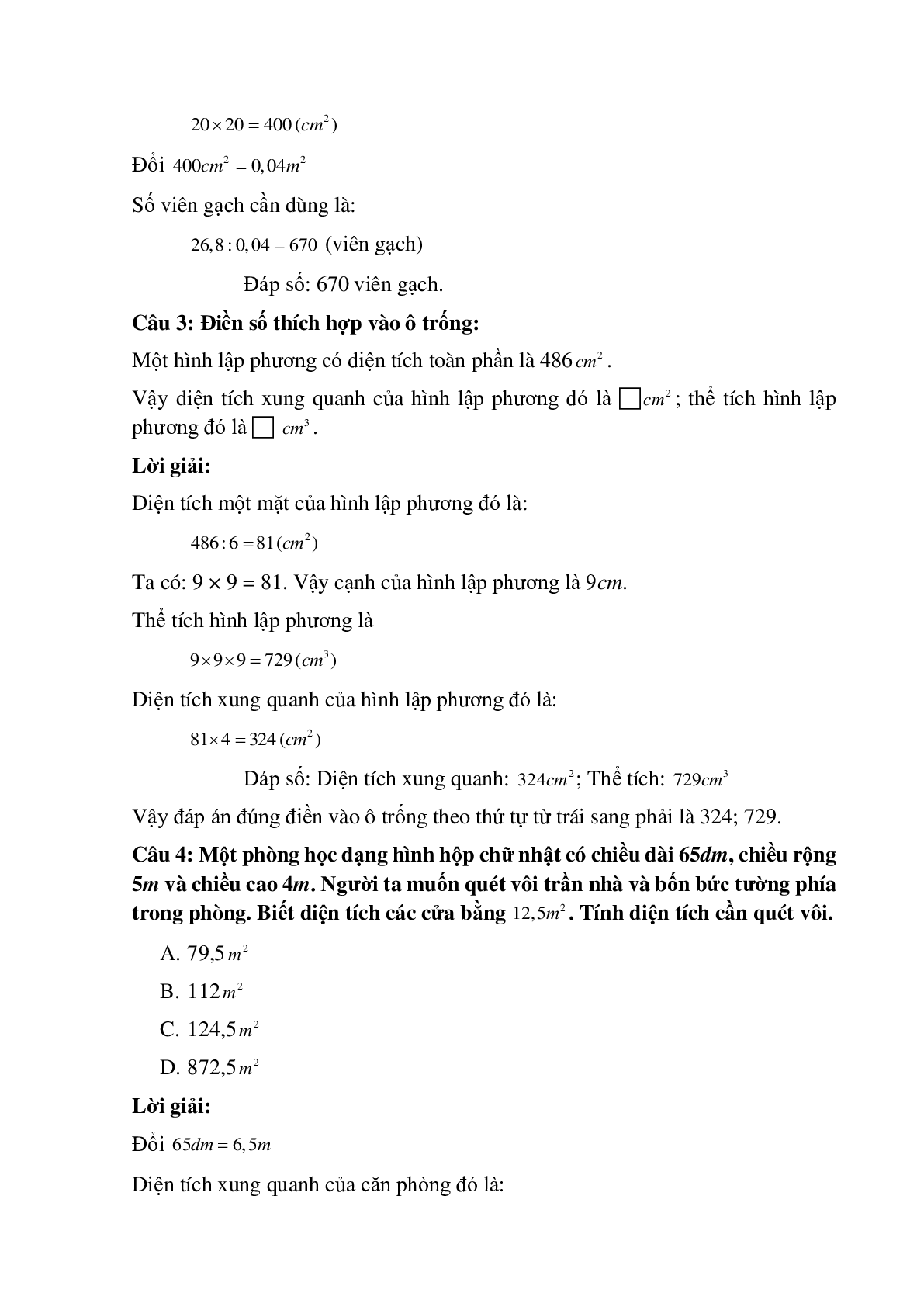 13 câu Trắc nghiệm Ôn tập tính diện tích, thể tích một số hình có đáp án 2023 – Toán lớp 5 (trang 2)