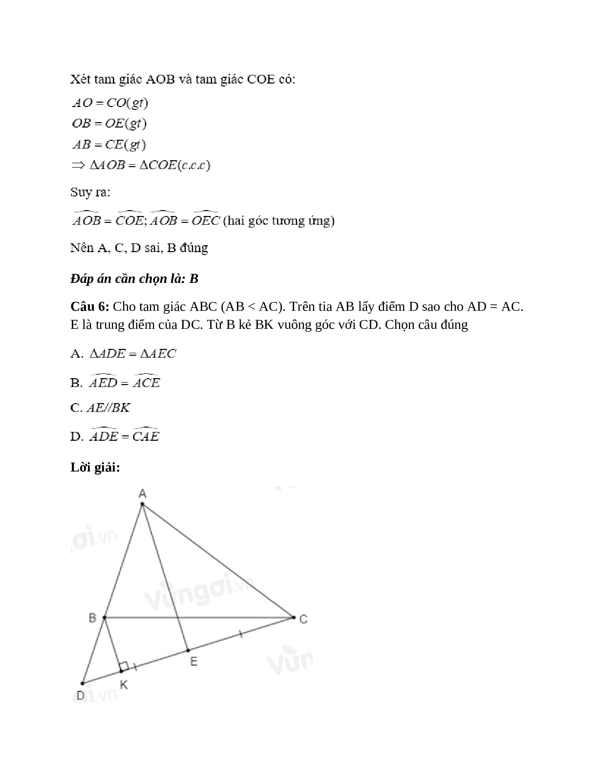 Trắc nghiệm Trường hợp bằng nhau thứ nhất của tam giác: cạnh - cạnh - cạnh (c.c.c) có đáp án – Toán lớp 12 (trang 7)