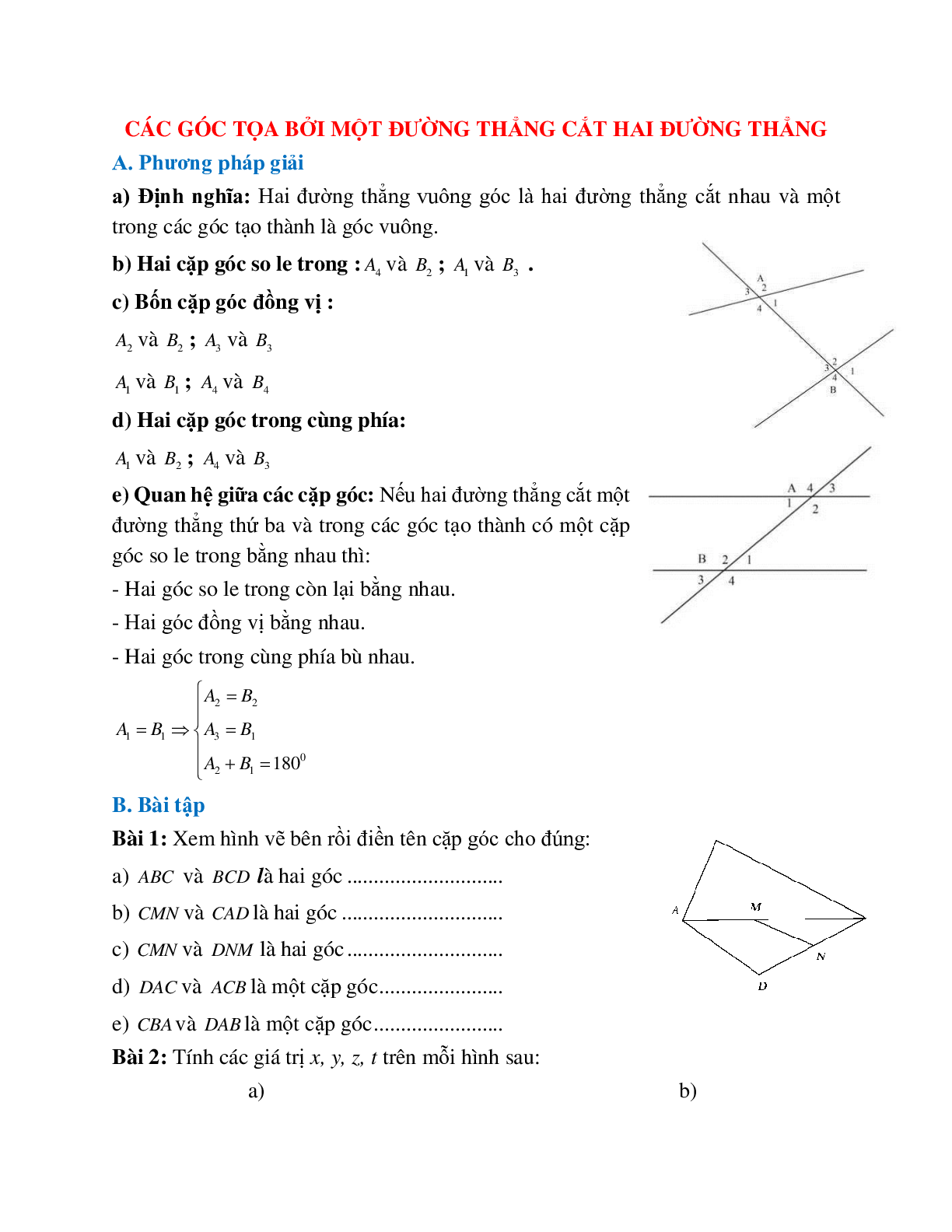 Phương pháp giải và bài tập về Các góc tạo bởi một đường thẳng cắt hai đường thẳng chọn lọc (trang 1)