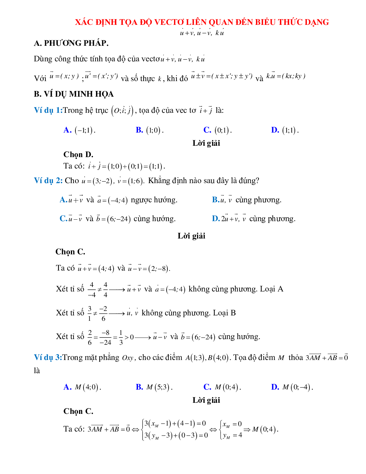 Bài tập Xác định tọa độ vectơ của bài toán tính tổng, hiêu, tích vectơ với một số chọn lọc (trang 1)