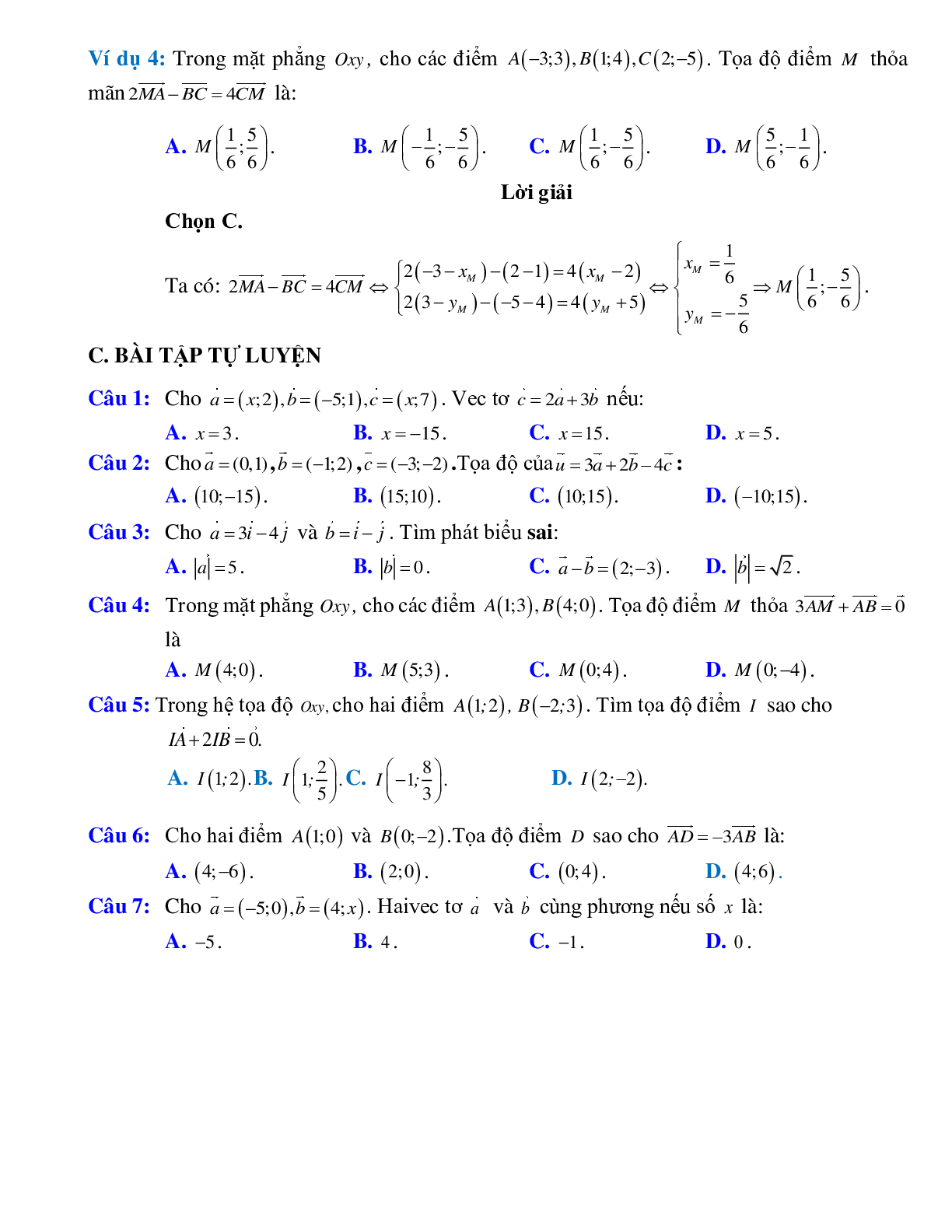 Bài tập Xác định tọa độ vectơ của bài toán tính tổng, hiêu, tích vectơ với một số chọn lọc (trang 2)