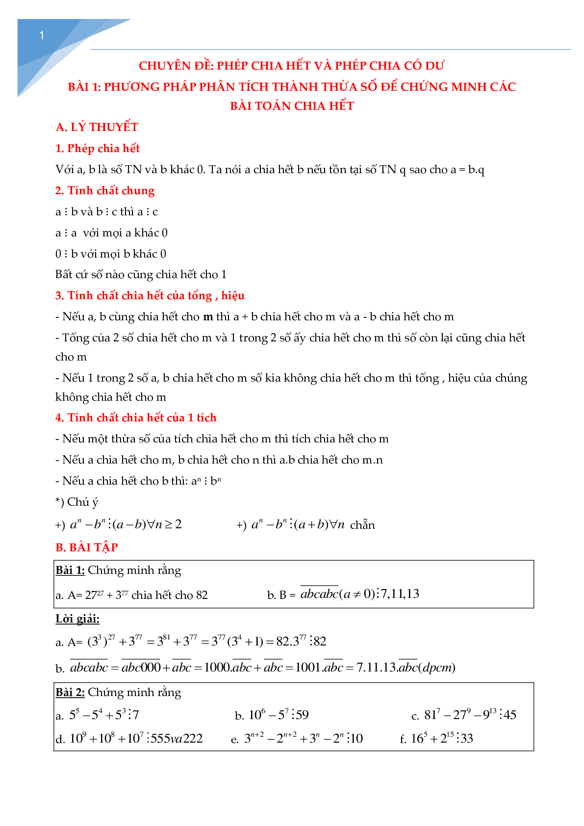 Chuyên đề phép chia hết, phép chia có dư toán lớp 5 (trang 1)
