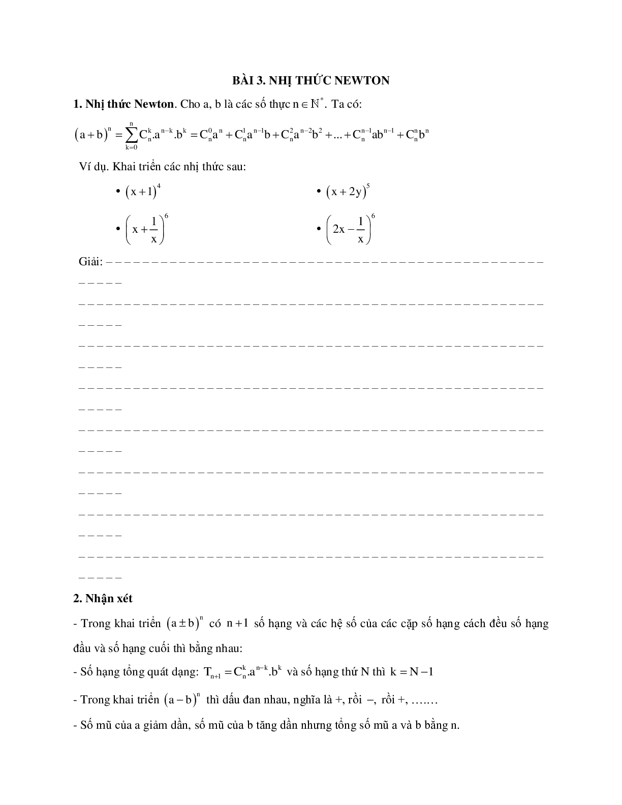 Phương pháp giải về Nhị thức Newton 2023 (lý thuyết va bài tập) (trang 1)