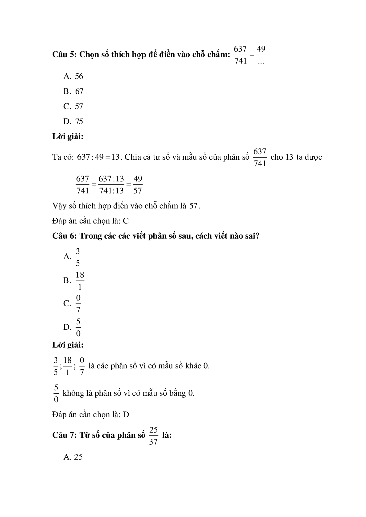 10 câu Trắc nghiệm Ôn tập Khái niệm về phân số. Tính chất cơ bản có đáp án 2023 – Toán lớp 5 (trang 3)