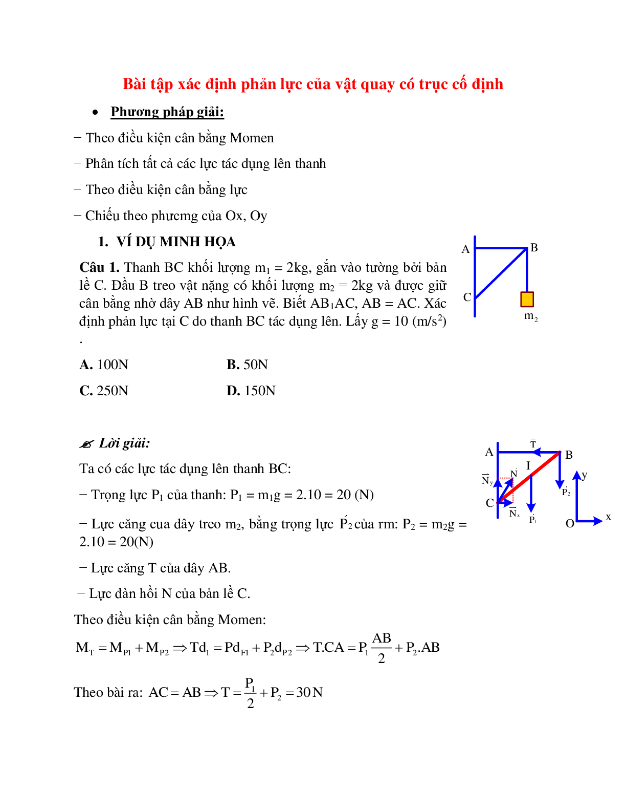 Bài tập về xác định phản lực của vật quay có trục cố định có lời giải (trang 1)