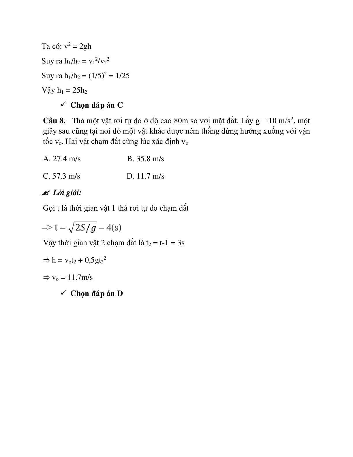 Phương pháp giải và bài tập về Xác định vị trí 2 vật gặp nhau được thả rơi với cùng thời điểm khác nhau (trang 8)