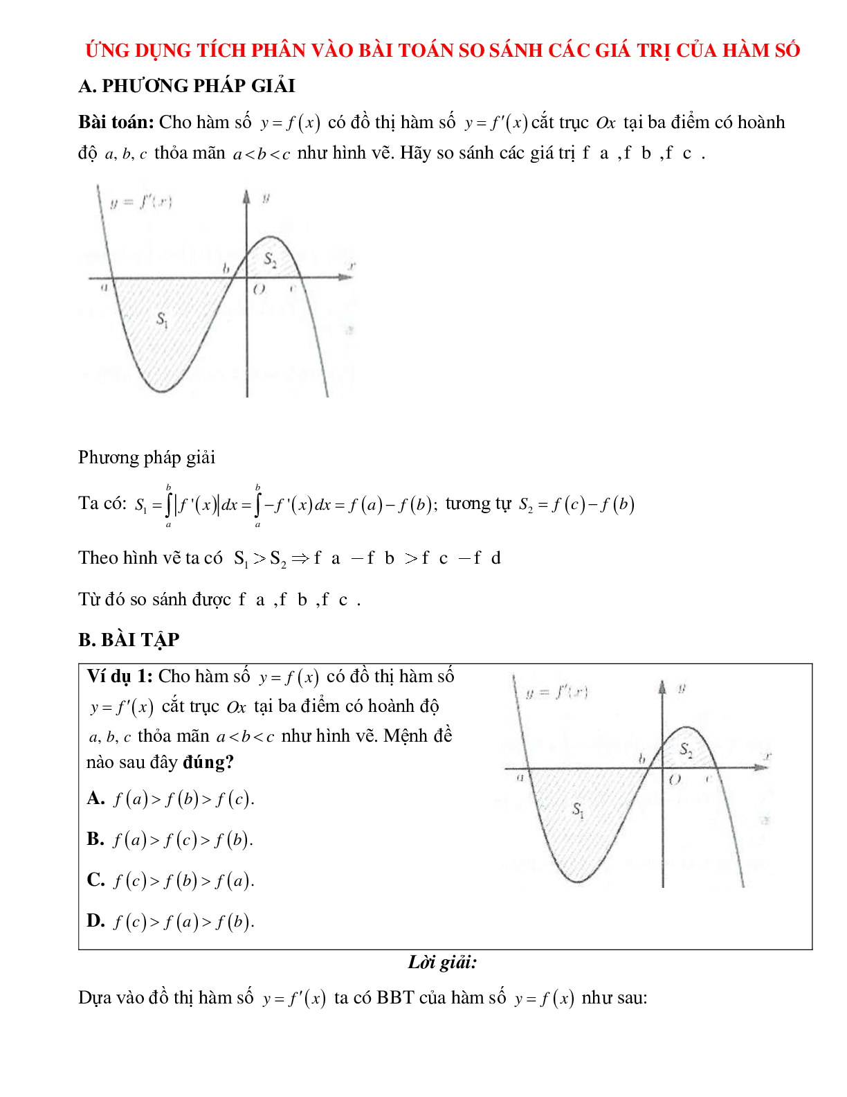 Ứng dụng tích phân vào bài toán so sánh các giá trị của hàm số Toán 12 (trang 1)