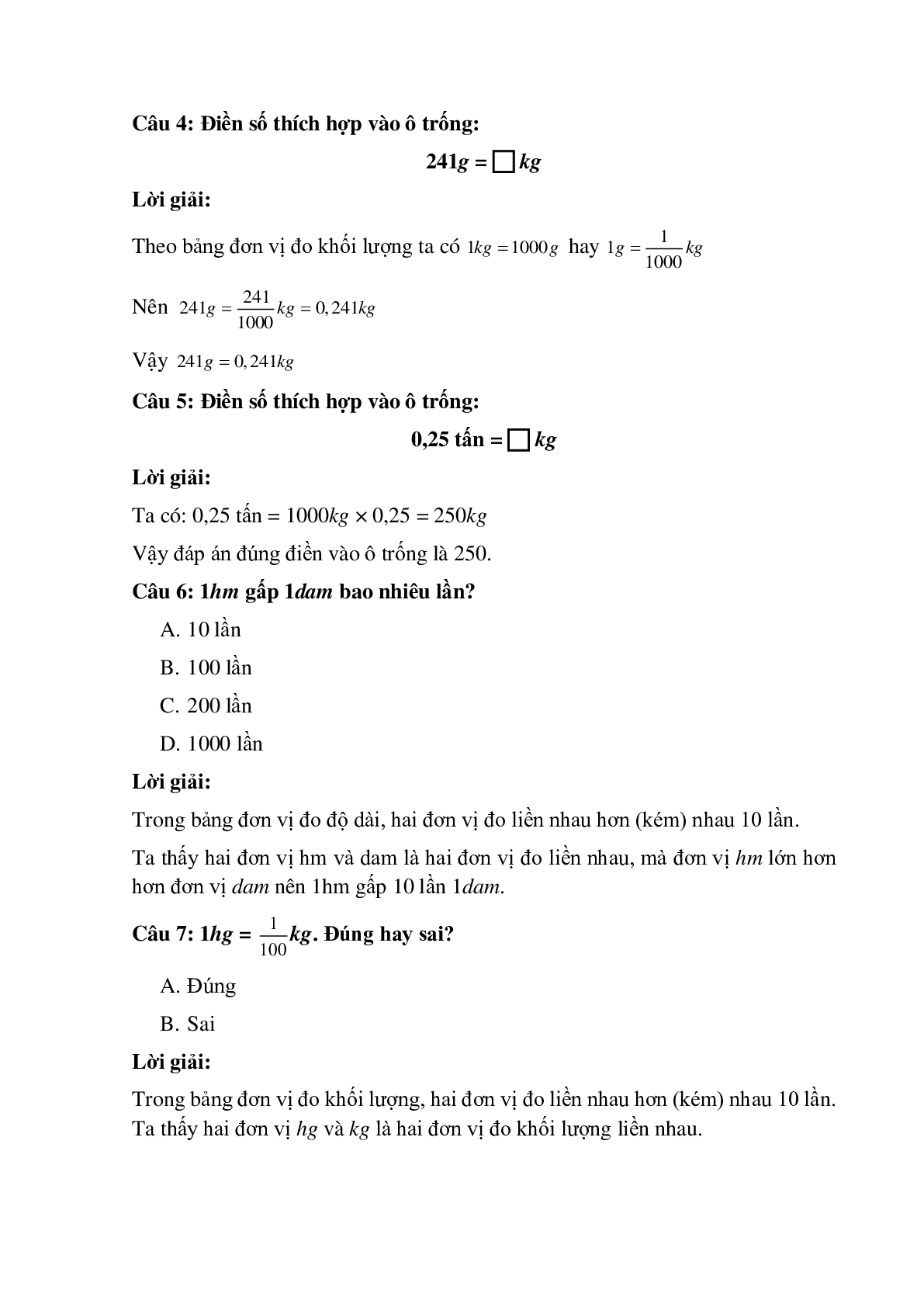 14 câu Trắc nghiệm Ôn tập về đo độ dài và đo khối lượng có đáp án 2023 – Toán lớp 5 (trang 2)