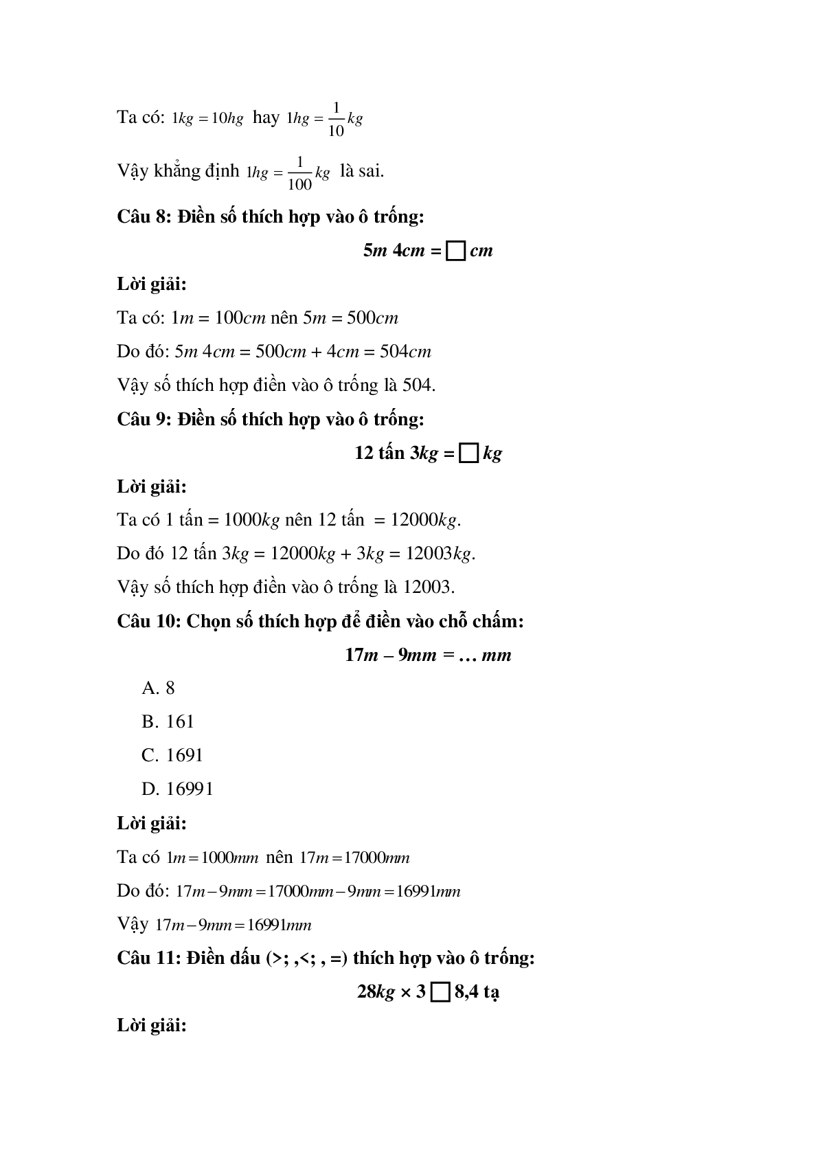 14 câu Trắc nghiệm Ôn tập về đo độ dài và đo khối lượng có đáp án 2023 – Toán lớp 5 (trang 3)