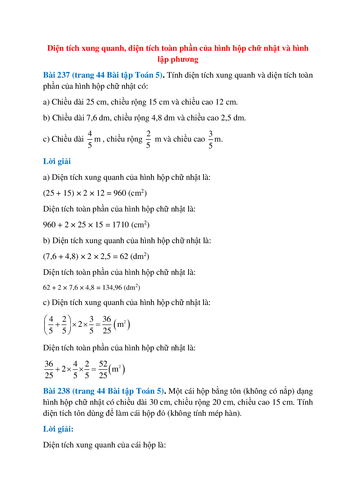 SBT Toán lớp 5 trang 44, 45, 46 Diện tích xung quanh, diện tích toàn phần của hình hộp chữ nhật và hình lập phương (trang 1)