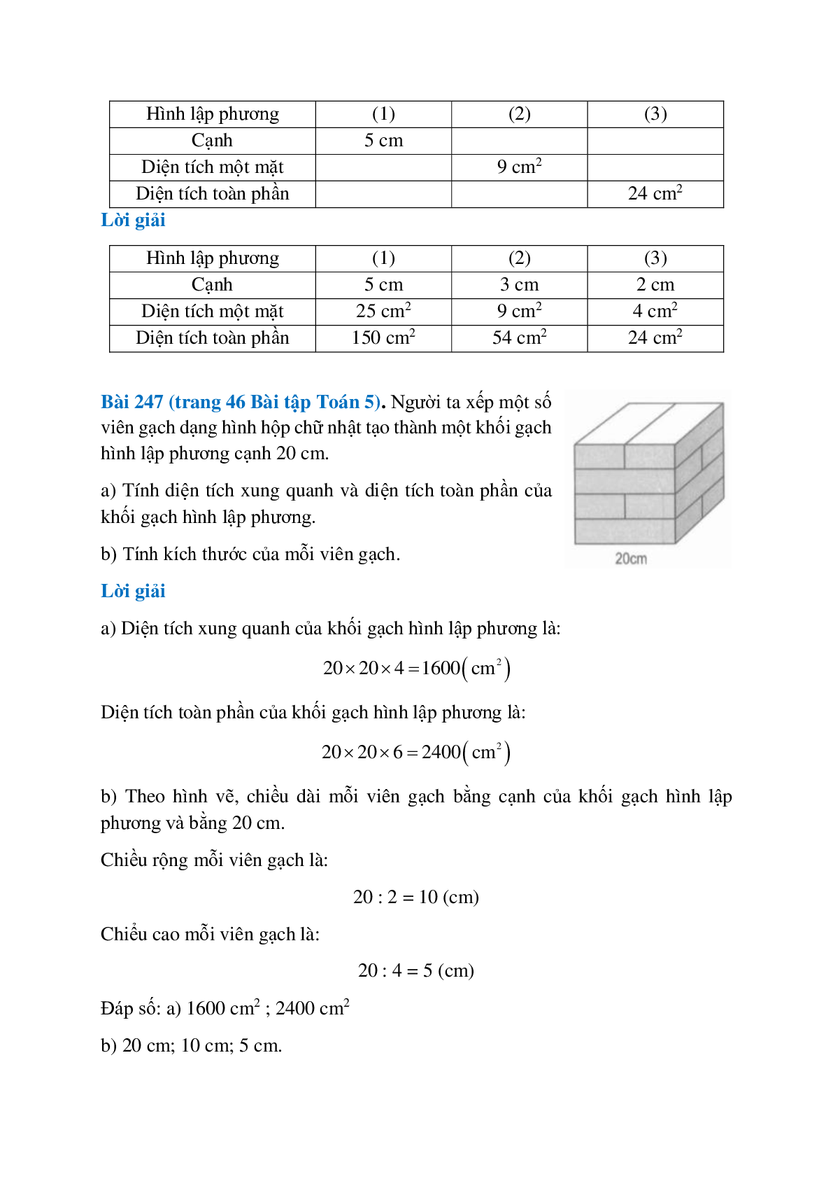 SBT Toán lớp 5 trang 44, 45, 46 Diện tích xung quanh, diện tích toàn phần của hình hộp chữ nhật và hình lập phương (trang 5)