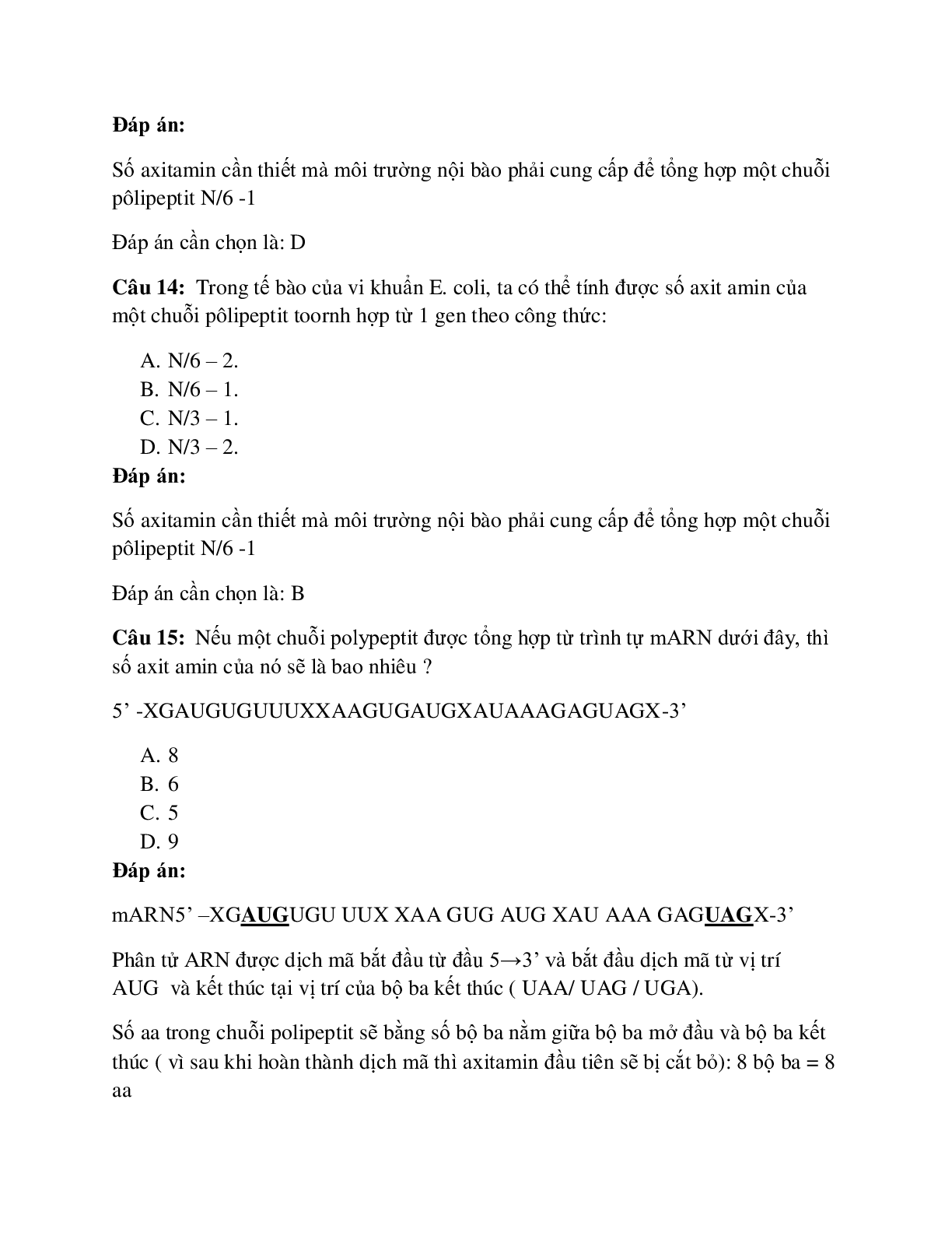 29 câu Trắc nghiệm Sinh học lớp 12 Bài 2 có đáp án 2023: Các dạng bài tập về quá trình dịch mã (trang 8)