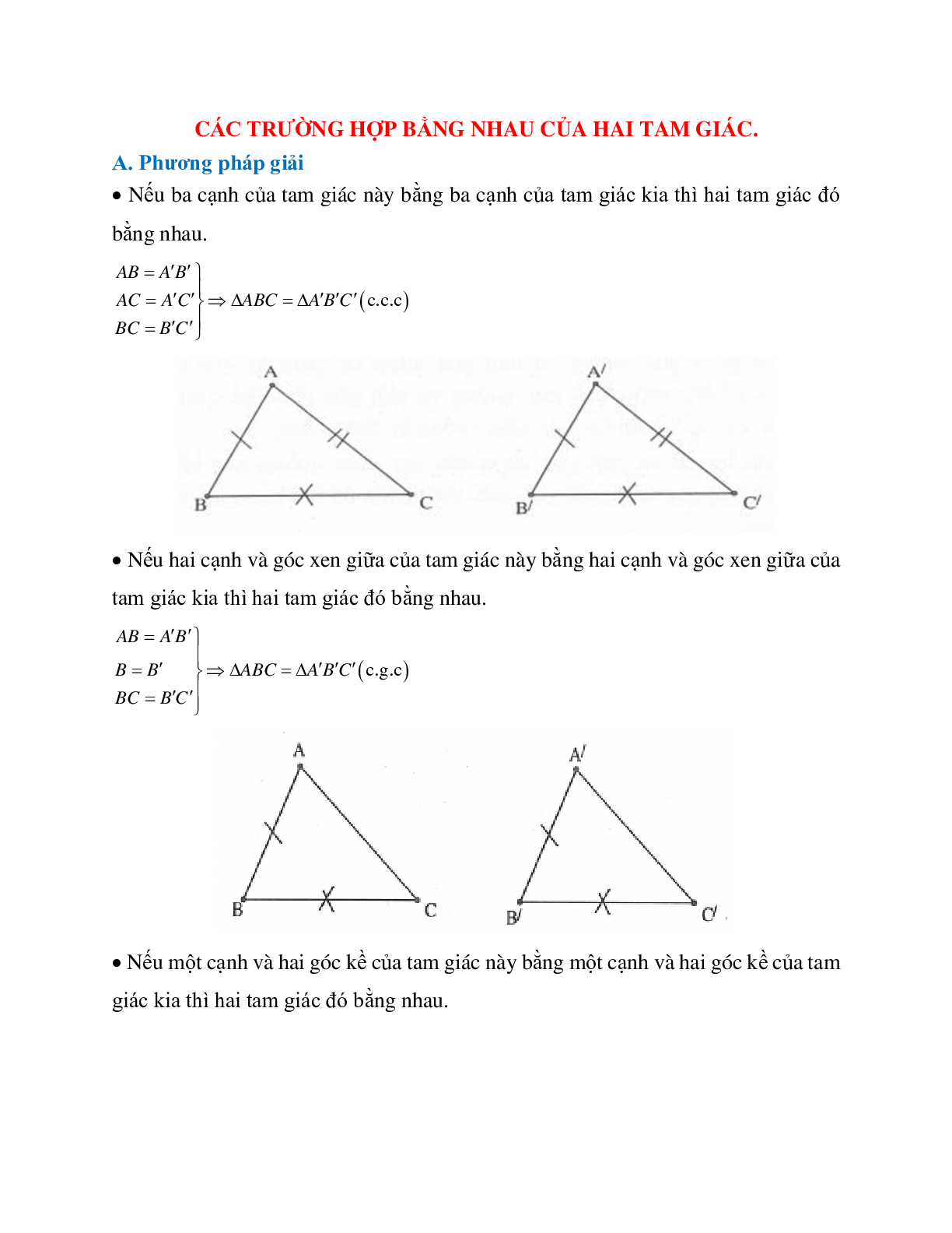 Phương pháp giải và bài tập tự luyện về Các trường hợp bằng nhau của hai tam giác chi tiết (trang 1)