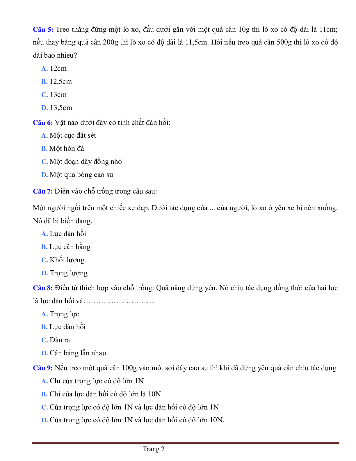 BÀI TẬP TRẮC NGHIỆM MÔN VẬT LÝ LỚP 6 BÀI 9: LỰC ĐÀN HỒI CÓ ĐÁP ÁN (trang 2)