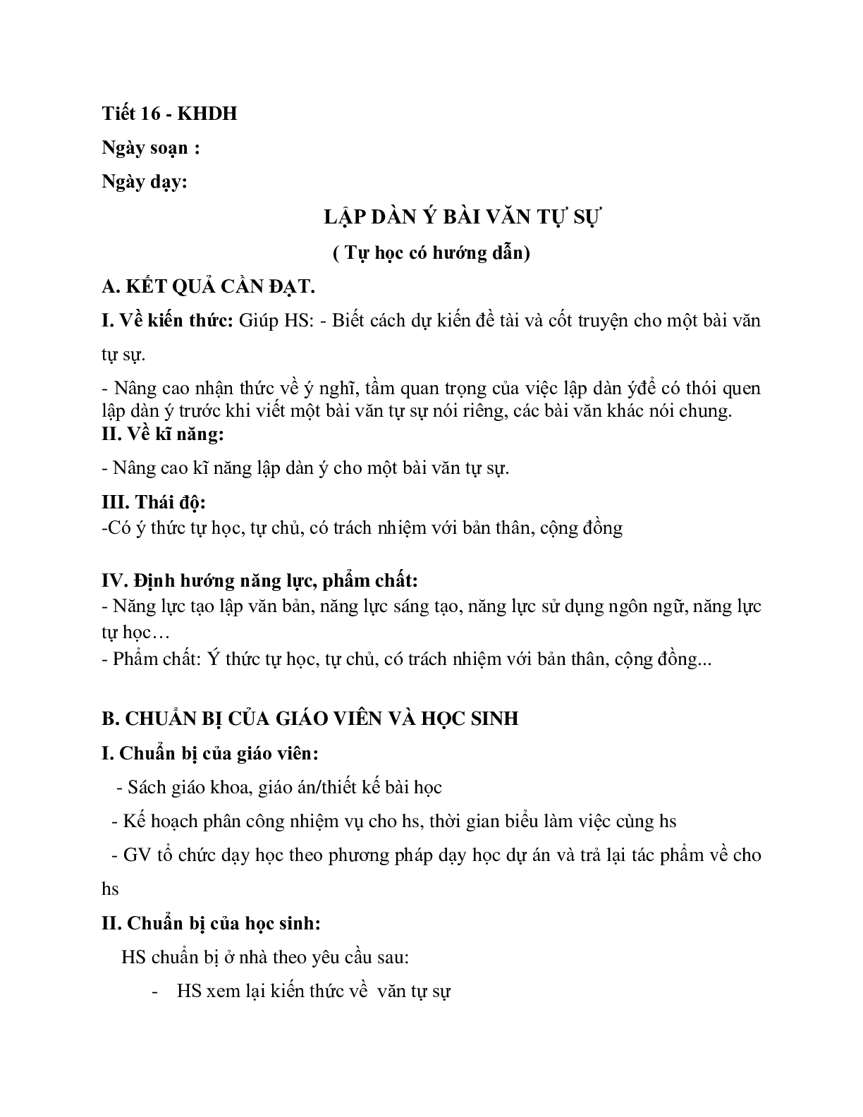 Giáo án ngữ văn lớp 10 Tiết 16: Lập dàn ý bài văn tự sự (trang 1)