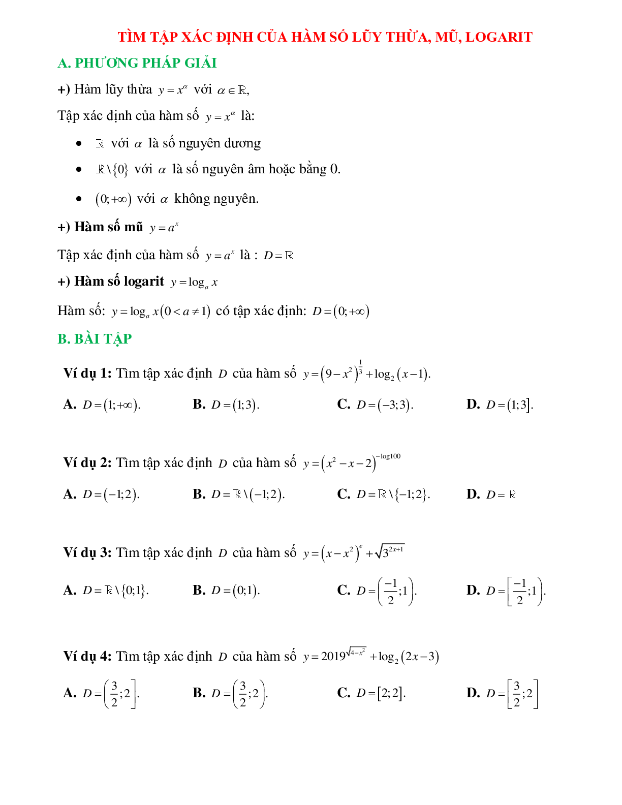 Phương pháp giải và bài tập về Tìm tập xác định của hàm số lũy thừa, hàm số mũ, hàm số logarit (trang 1)
